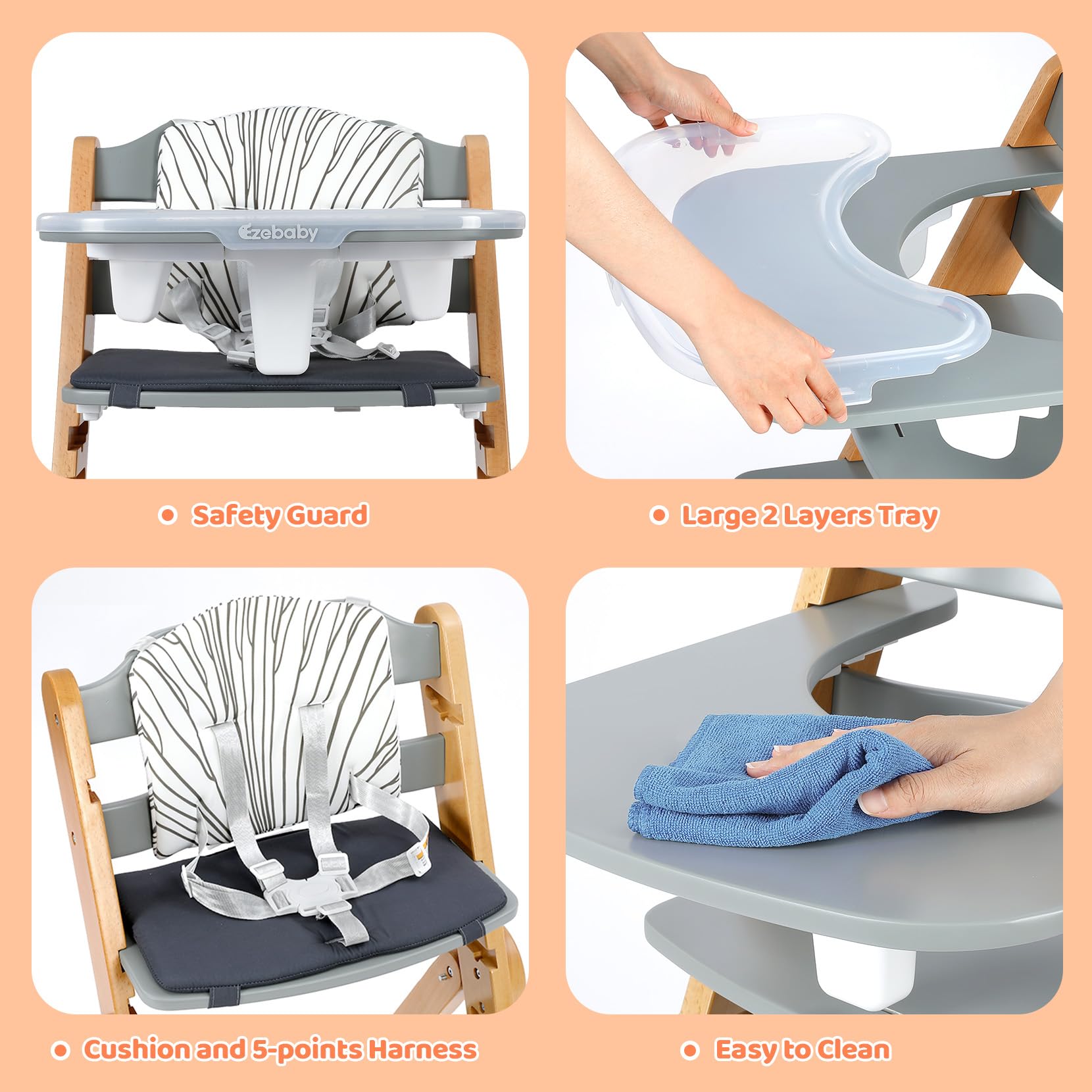 Ezebaby Adjustable Wooden High Chair for Babies & Toddlers - Foldable, Grow with Your Child Design, 3-Position Seat & Footrest, Removable Cushion & Double-Layer Tray (Grey) - Perfect for Dining, Feeding & Playtime at Home or Restaurant
