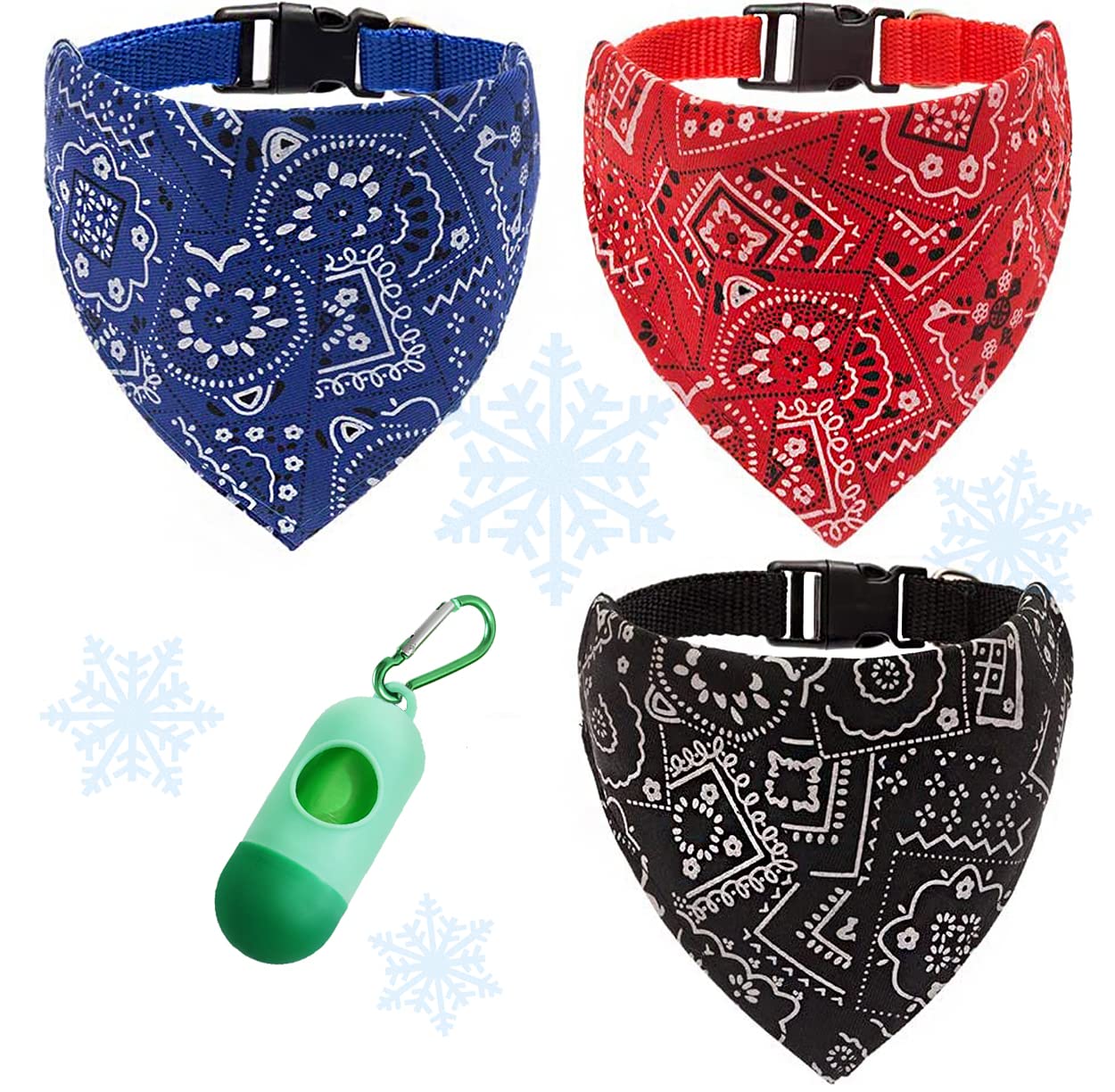Adjustable Dog Bandana Collar Scarf for Small Medium Large Dogs & Cats - Red Blue Black Handkerchief Style with Free Poop Bag Roll & Dispenser - Perfect for Walks, Grooming & Pet Fashion Accessories