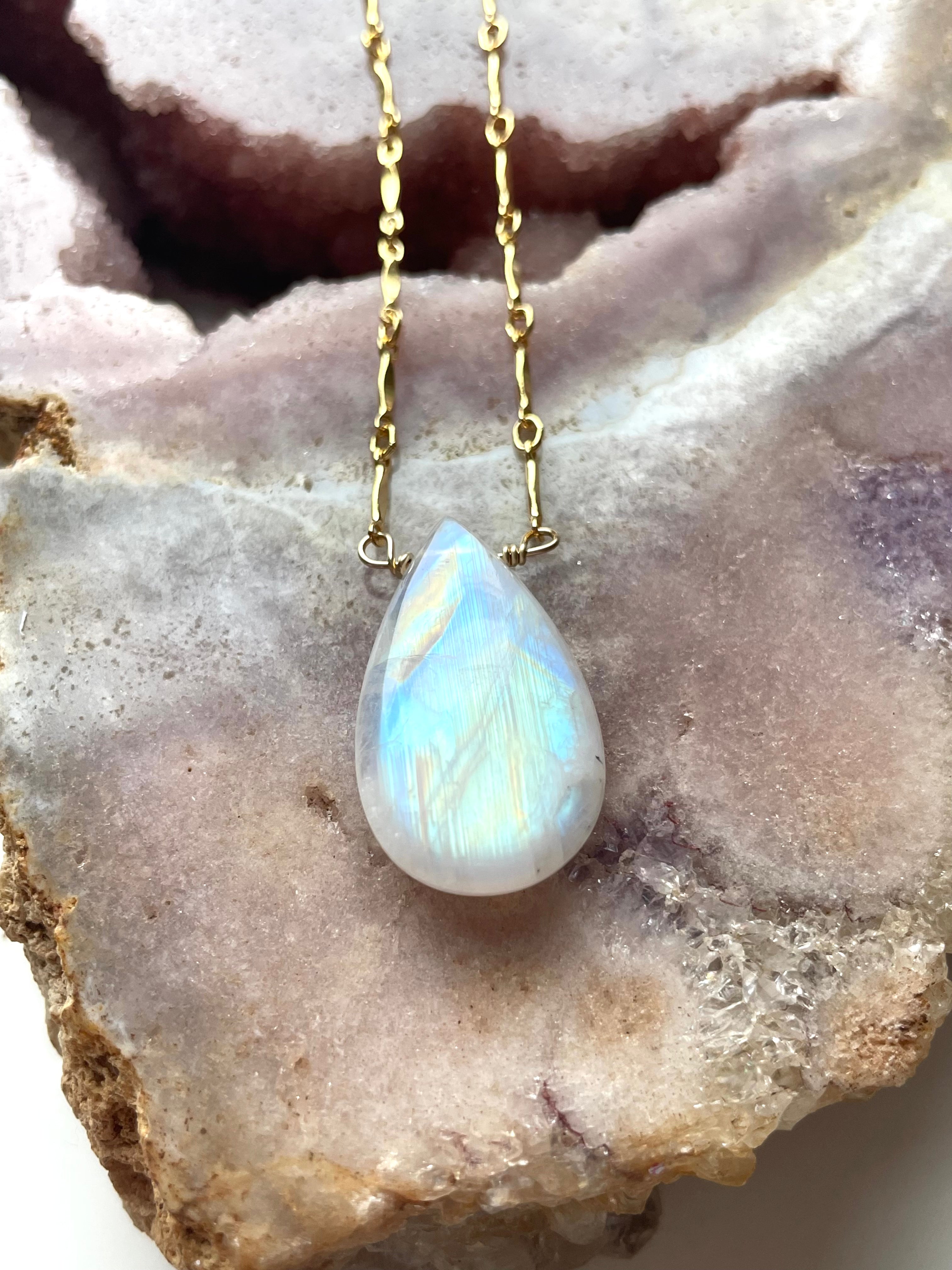 Large Statement Rainbow Moonstone Necklace 14K Gold Filled – Elegant Boho Jewelry for Women, Perfect for Weddings, Parties & Everyday Wear