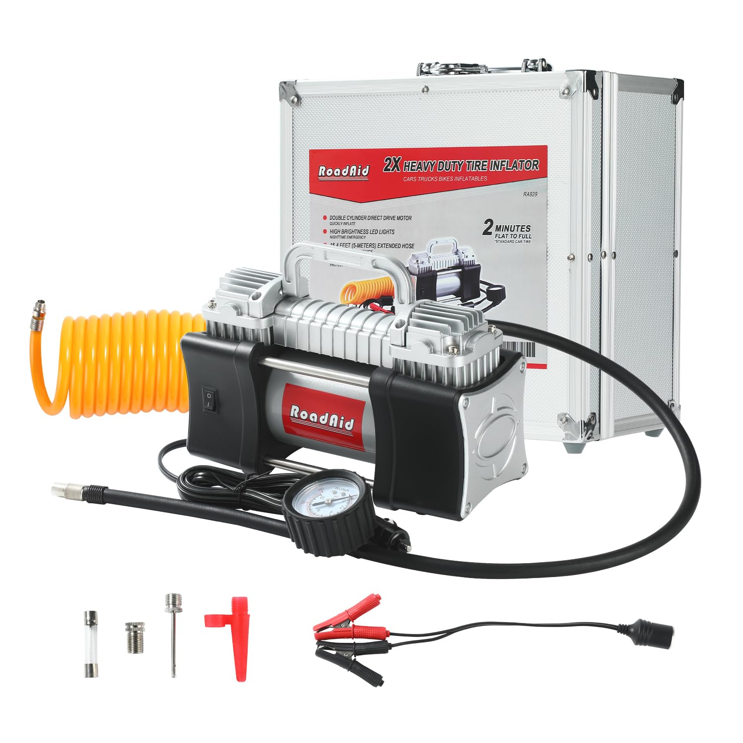12V Portable Tire Inflator Air Compressor - 150PSI Dual Cylinder Pump with Aluminum Case, Battery Clamps & 5M Hose for Cars, SUVs, Motorcycles, Bikes | Quick Inflation for Roadside Emergencies & Garage Use