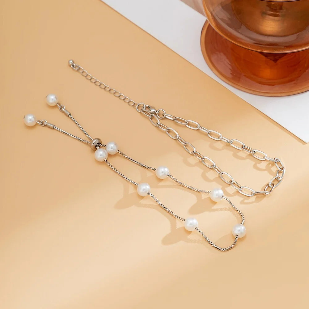Gold Silver Stacking Pearl Adjustable Anklet Chain Set - Dainty Pearl Anklet Bracelet for Women | Perfect for Beach Weddings, Summer Outfits & Boho Style Accessories