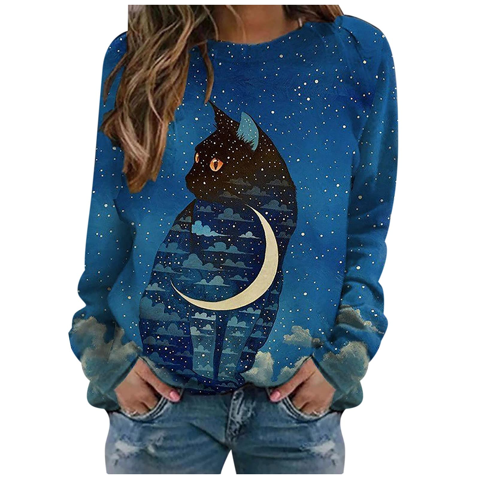 Cute Cat Graphic Women's Crewneck Sweatshirt - Long Sleeve Pullover Casual Loose Top for Autumn | Perfect for Fall Outfits, Lounge Wear & Cozy Days