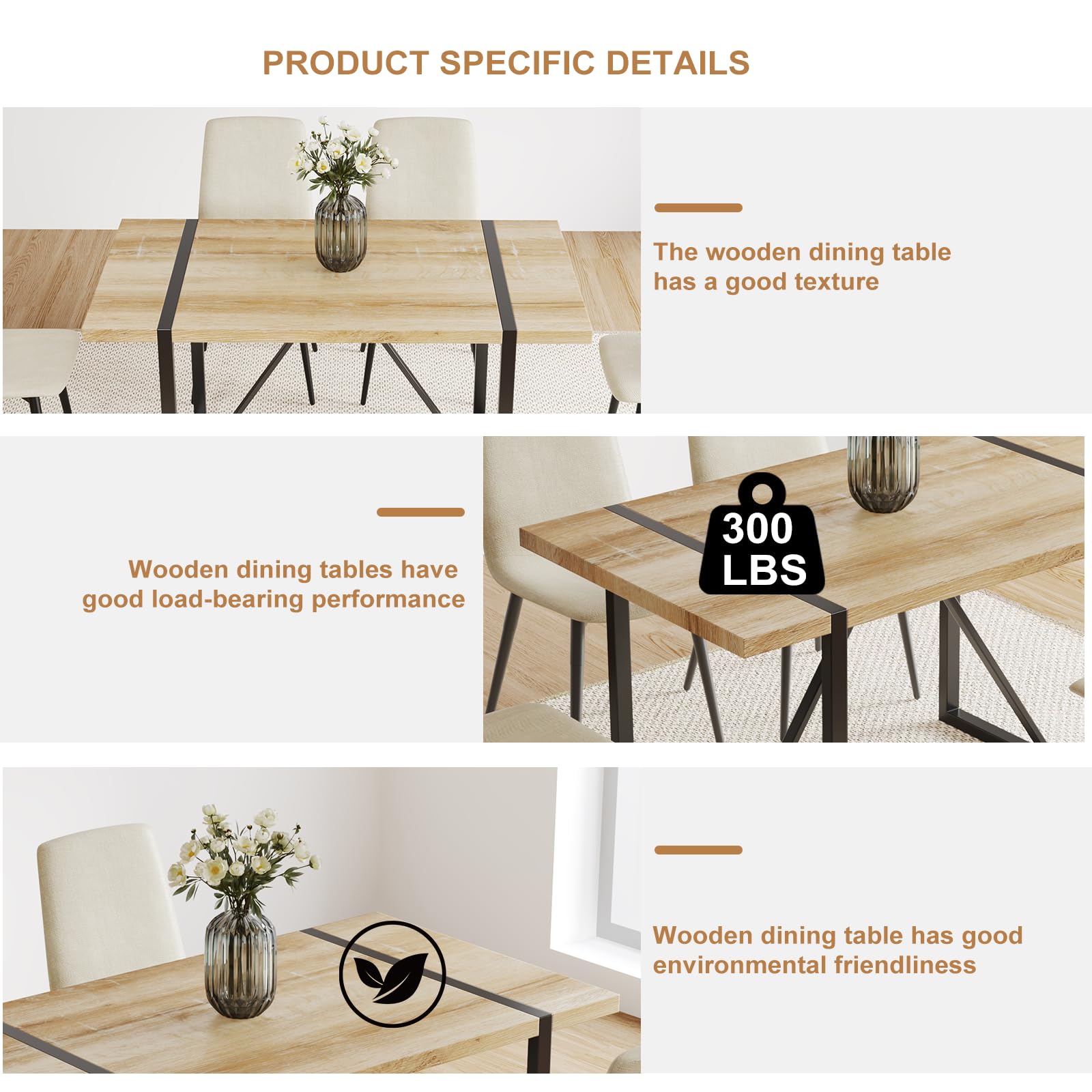 Modern Rectangular Solid Wood Dining Table Set for 4 with Metal Base - 55