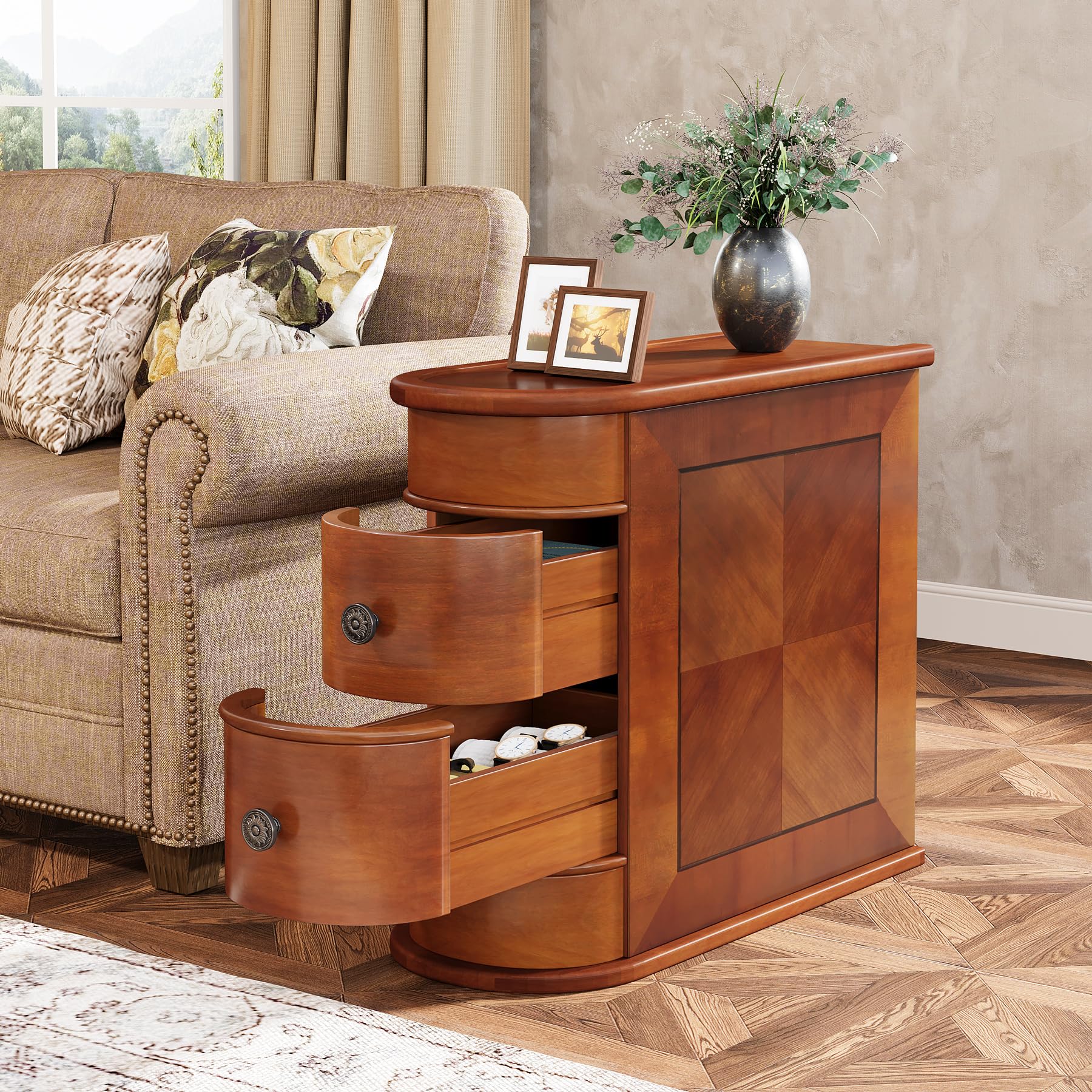 Tribesigns Vintage Wood End Table with 2 Drawers - No Assembly Required Slim Nightstand & Sofa Side Table with Storage - Perfect for Living Room, Bedroom, Office or as a Narrow Accent Table by Couch & Bedside (Brown)