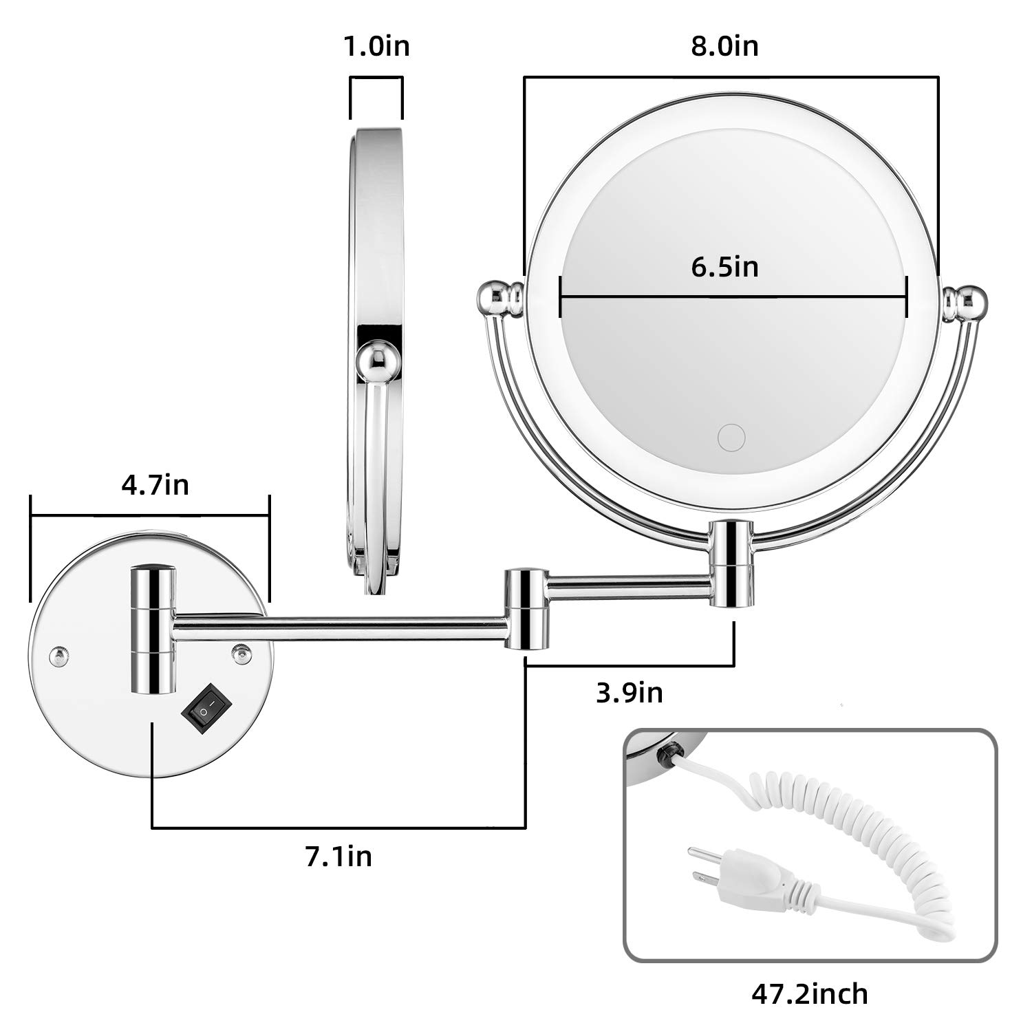5X Magnifying LED Wall Mounted Makeup Mirror - Dimmable Touch Screen Bathroom Mirror with Switch & Plug-in Power - Perfect for Vanity, Dressing Room & Bathroom Lighting