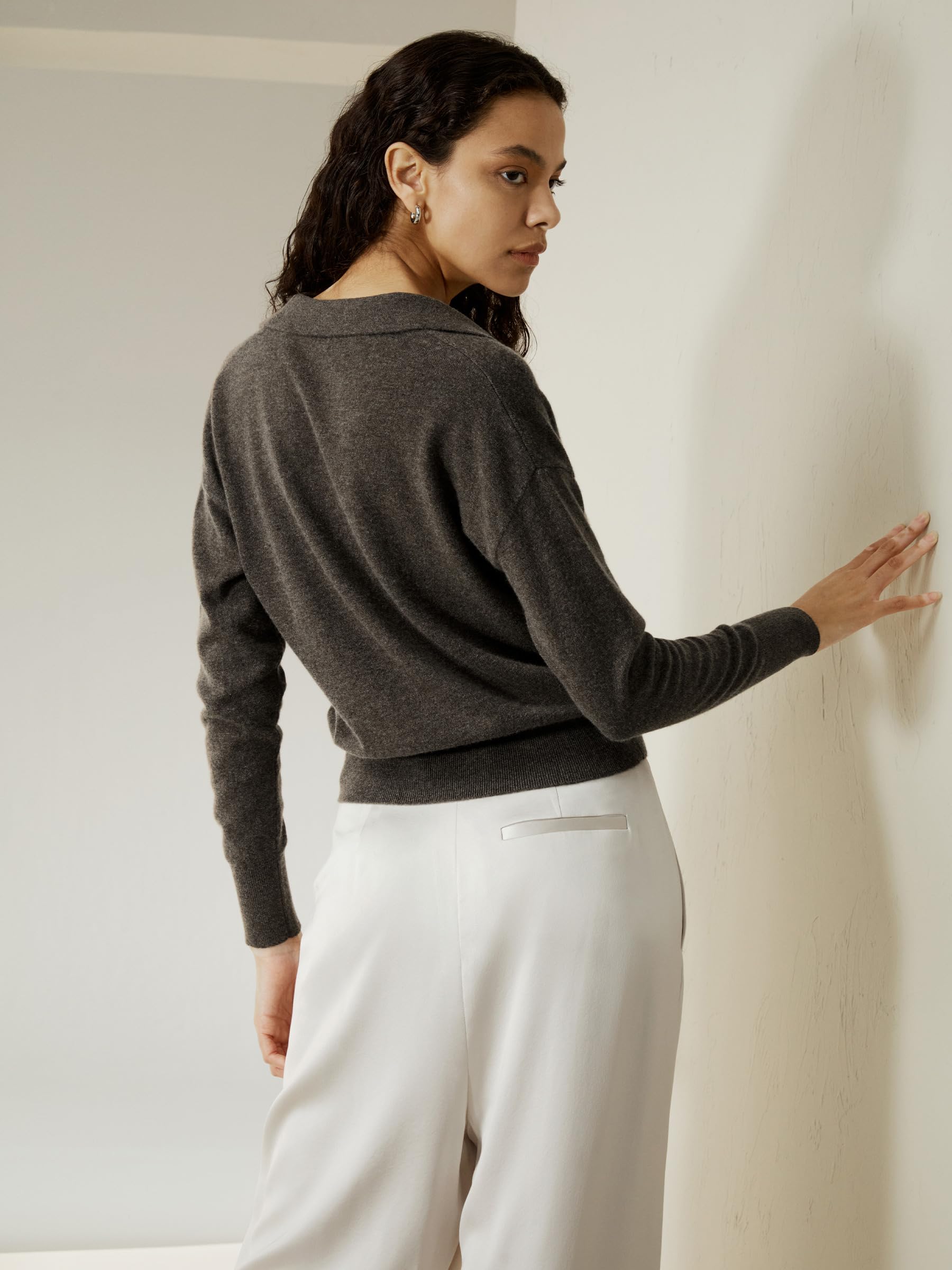 LilySilk 100% Pure Cashmere Women's Polo Neck Pullover Sweater - Soft Lightweight V-Neck Long Sleeve Knit Top for Work, Travel & Casual Wear