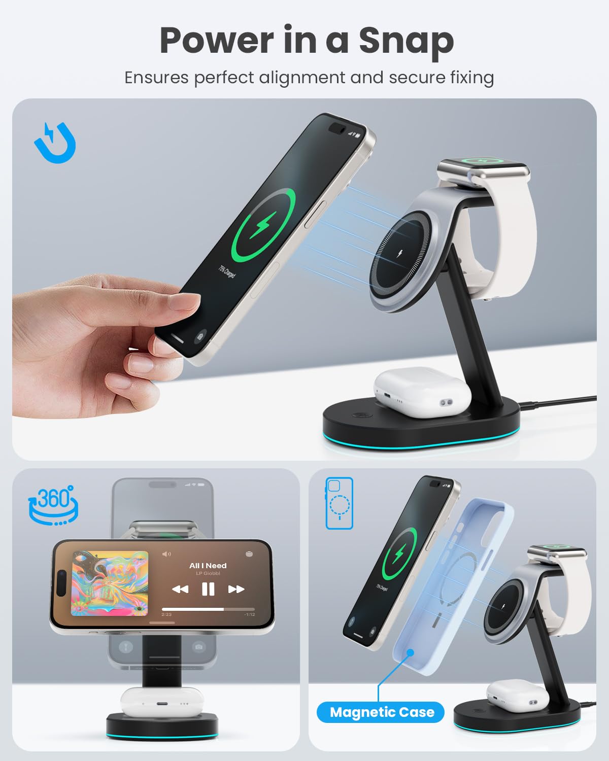 3 in 1 Wireless Charging Station for iPhone 16/15/14/13/12 - Qi2 Certified 15W Magnetic Charger with 30W USB C Adapter & Night Light - Compatible with Apple Watch & AirPods - Perfect for Bedside, Office & Travel Charging