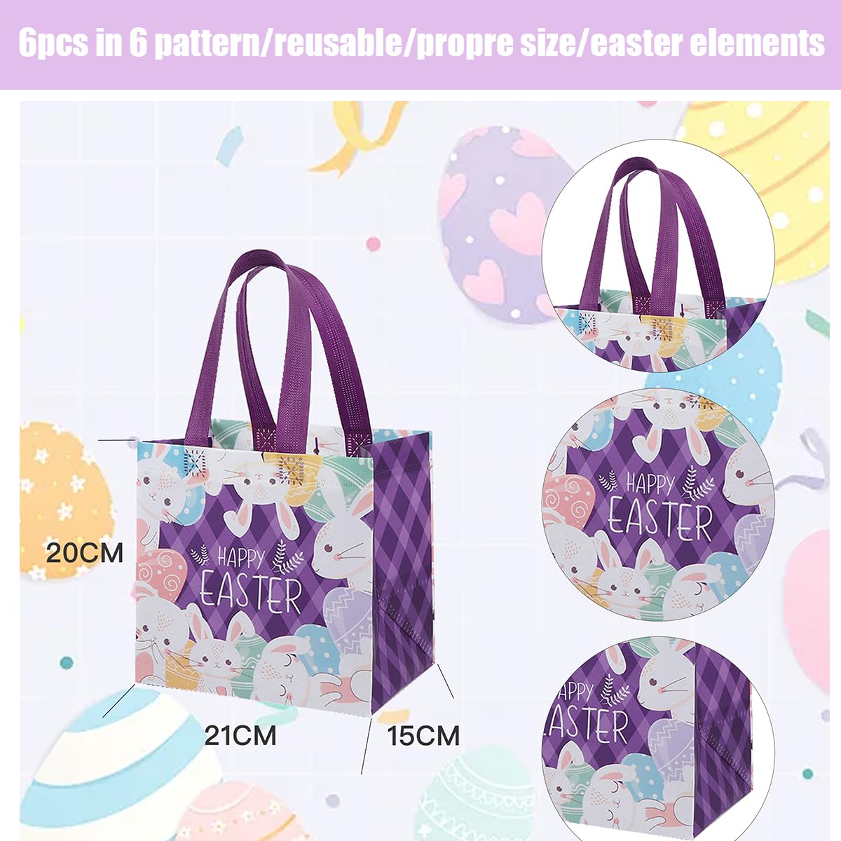 6 Pack Easter Gift Bags - Reusable Bunny & Easter Egg Print Tote Bags with Handles, Foldable Water Resistant Non-Woven Treat Bags for Easter Party Favors, Egg Hunts & Spring Celebrations