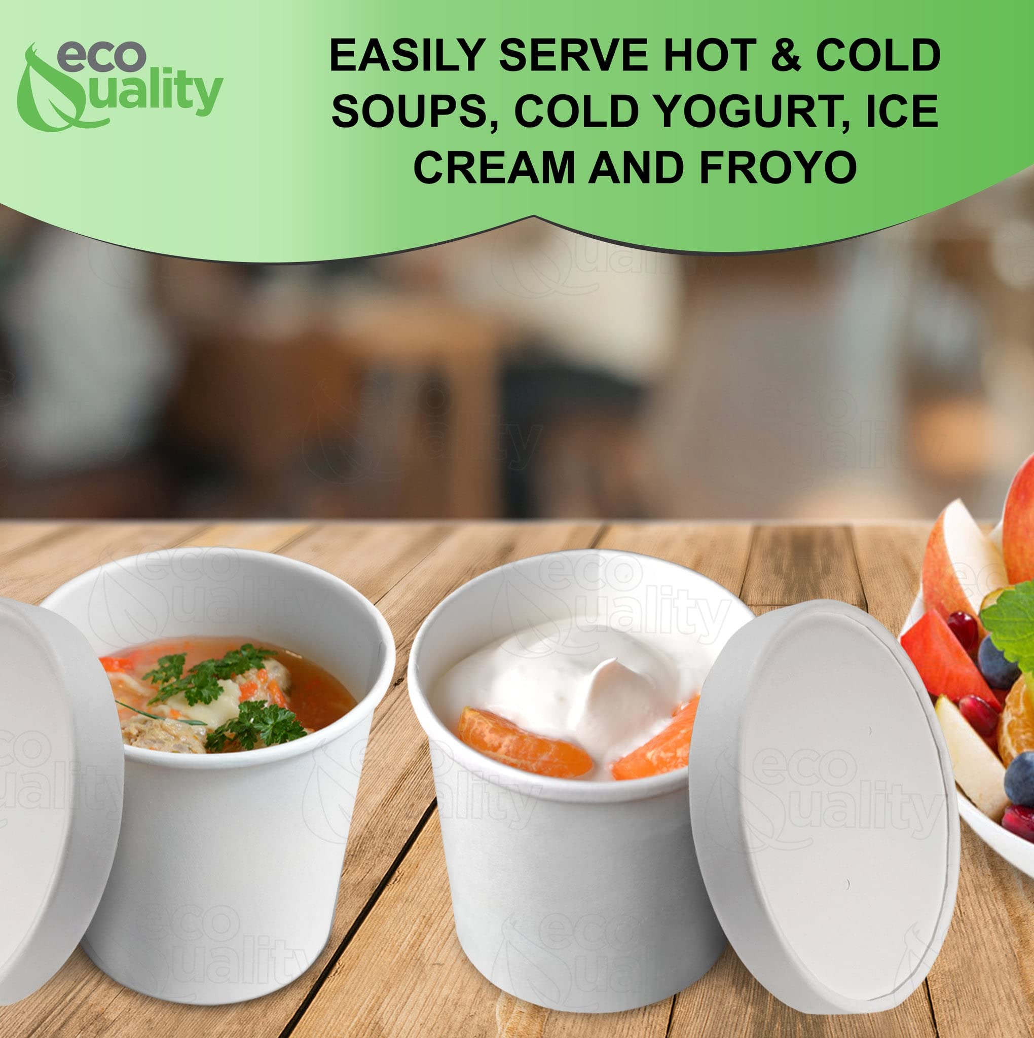 EcoQuality 12oz Disposable White Paper Soup Containers with Lids - Microwave & Freezer Safe Food Storage Bowls for Ice Cream, Frozen Yogurt, Desserts - Takeout, Party Serving, Picnic Supplies (Pack of 500)