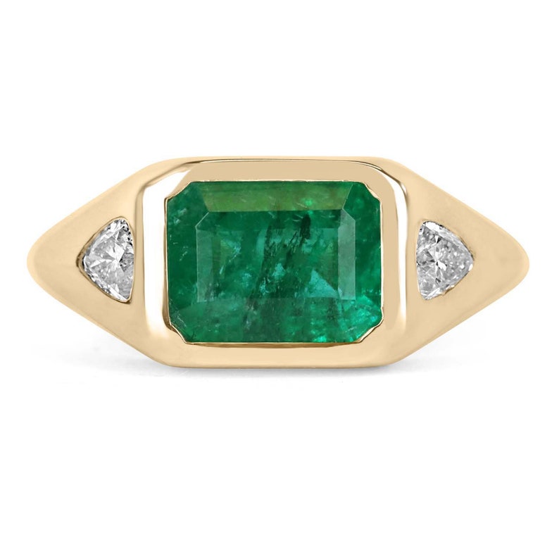2.05 Carat Dark Green Emerald & Trillion Cut Diamond Three Stone Gypsy Ring in 14K Gold - Perfect for Engagement, Anniversary & Special Occasion Jewelry Gifts