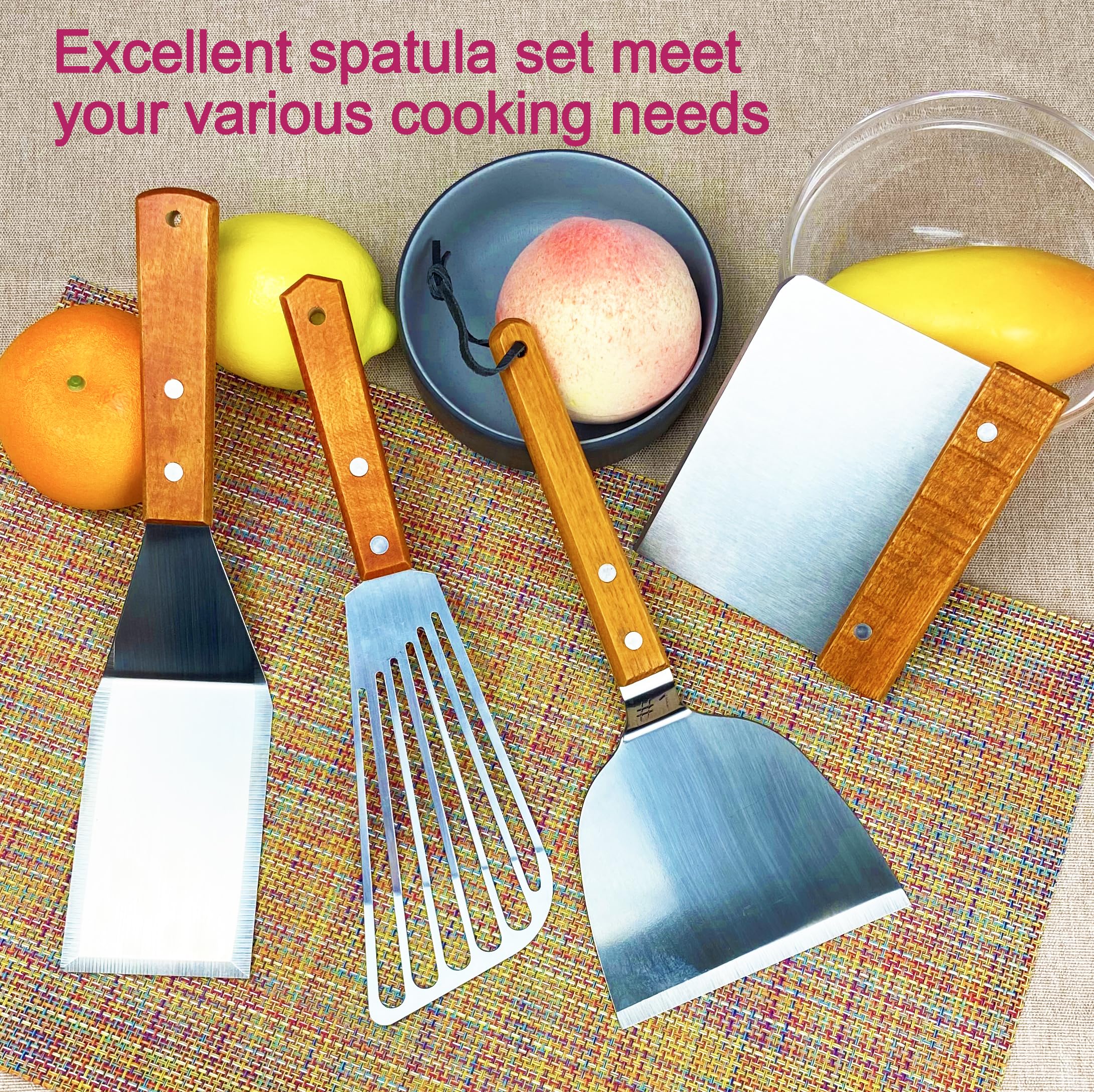 Stainless Steel Spatula Set - 3-Piece Metal Spatulas with Wooden Handle for Cooking, BBQ, Grilling & Cast Iron Skillets - Perfect for Flipping Pancakes, Burgers, Fish & More | Durable Kitchen Utensils for Home & Professional Use