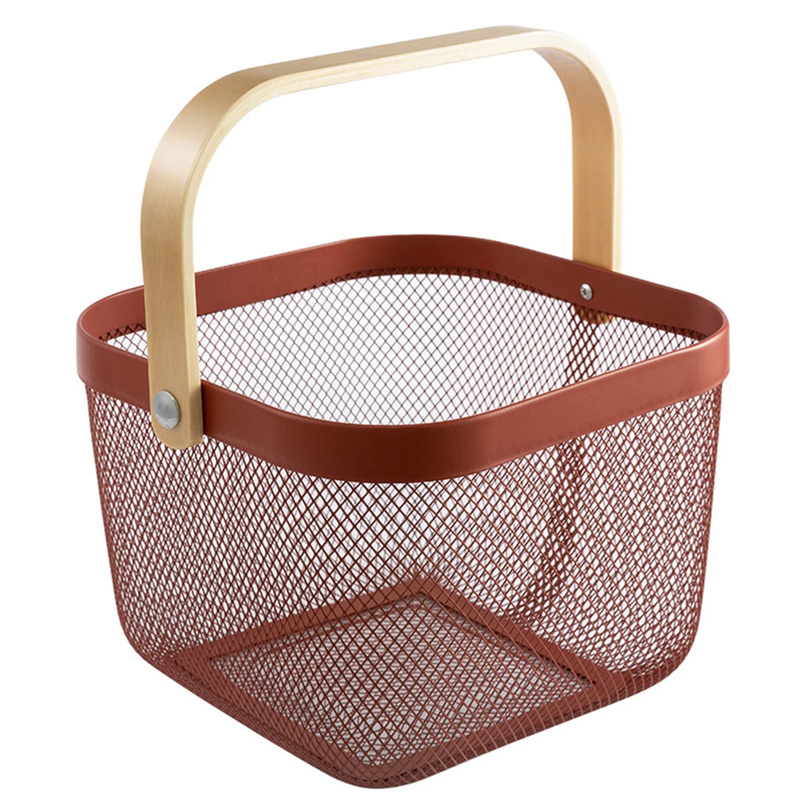 Stainless Steel Mesh Storage Basket with Bamboo Handle - Multi-Purpose Organizer for Kitchen, Bathroom, Picnic & Home Decor - Perfect for Fruits, Vegetables, Groceries & Household Items (Red)