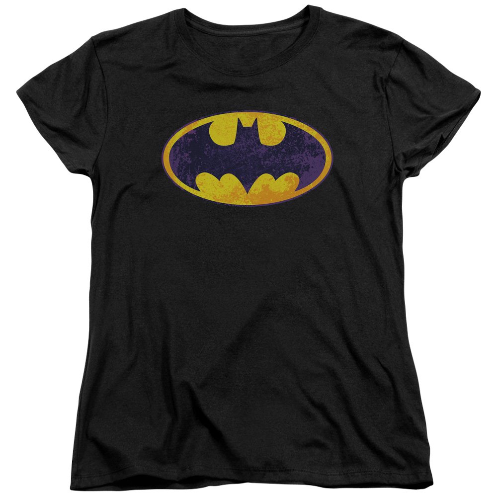 Wicked Tees Women's Batman Short Sleeve Neon Distressed Logo T-Shirt - Large Size - Casual Graphic Tee for Superhero Fans, Cosplay & Everyday Wear
