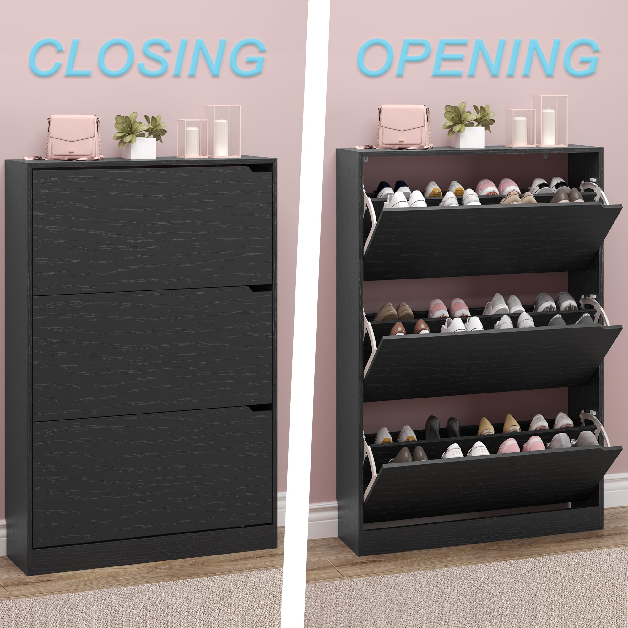 3-Tier Flip Drawer Shoe Storage Cabinet - Narrow Freestanding Shoe Rack Organizer for Entryway, Hallway, Closet - Space Saving Black Shoe Shelf for Small Spaces, Apartments & Dorm Rooms