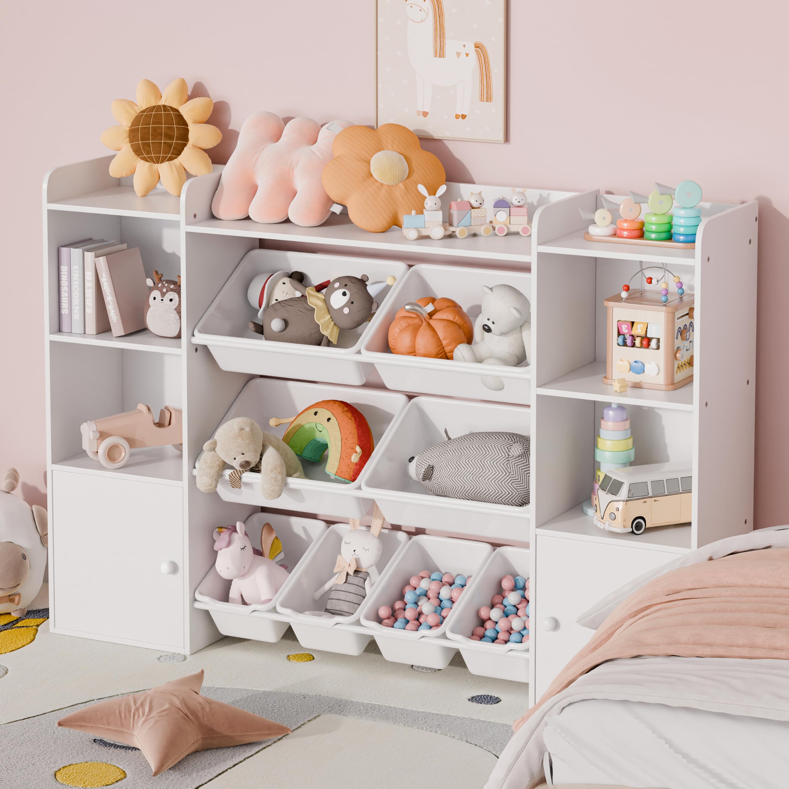 Xilingol Kids Toy Storage Organizer with 8 Removable Bins & 6 Storage Cubbies - 4-Tier Bookshelf for Playroom, Bedroom, Classroom - Perfect for Organizing Toys, Books, and Supplies