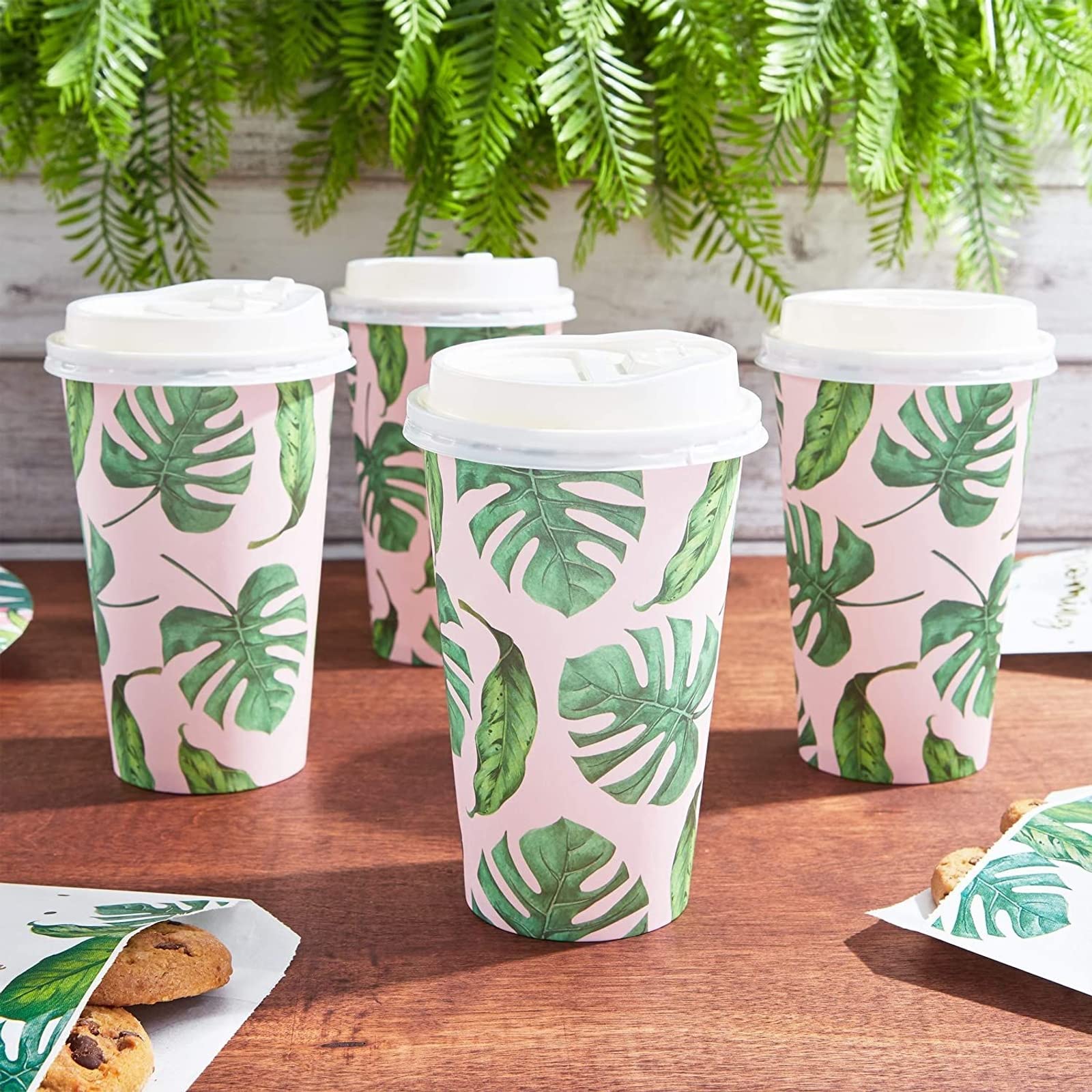 BLUE PANDA Disposable 16 oz Coffee Cups with Lids - 48-Pack Paper To-Go Cups for Coffee, Tea & Hot Beverages - Tropical Design for Birthday Parties, Weddings, Baby Showers & Office Events