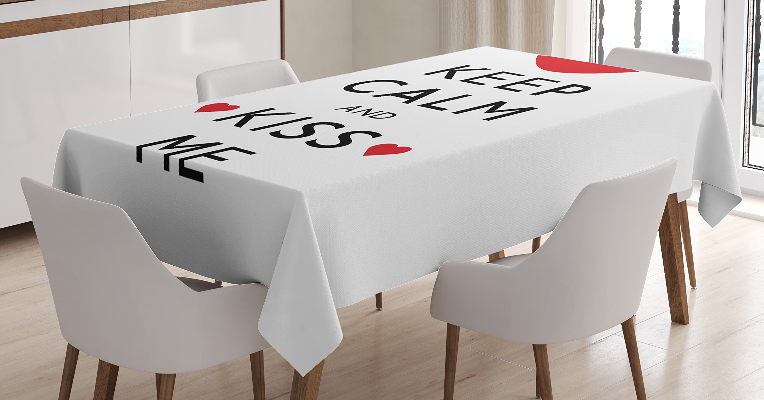 Ambesonne Keep Calm Tablecloth - Valentine's Day Romantic Dining Table Cover with Red Hearts & Kiss Design, 60x84 Inches, Black Red White - Perfect for Anniversary Dinners, Date Nights & Holiday Decor