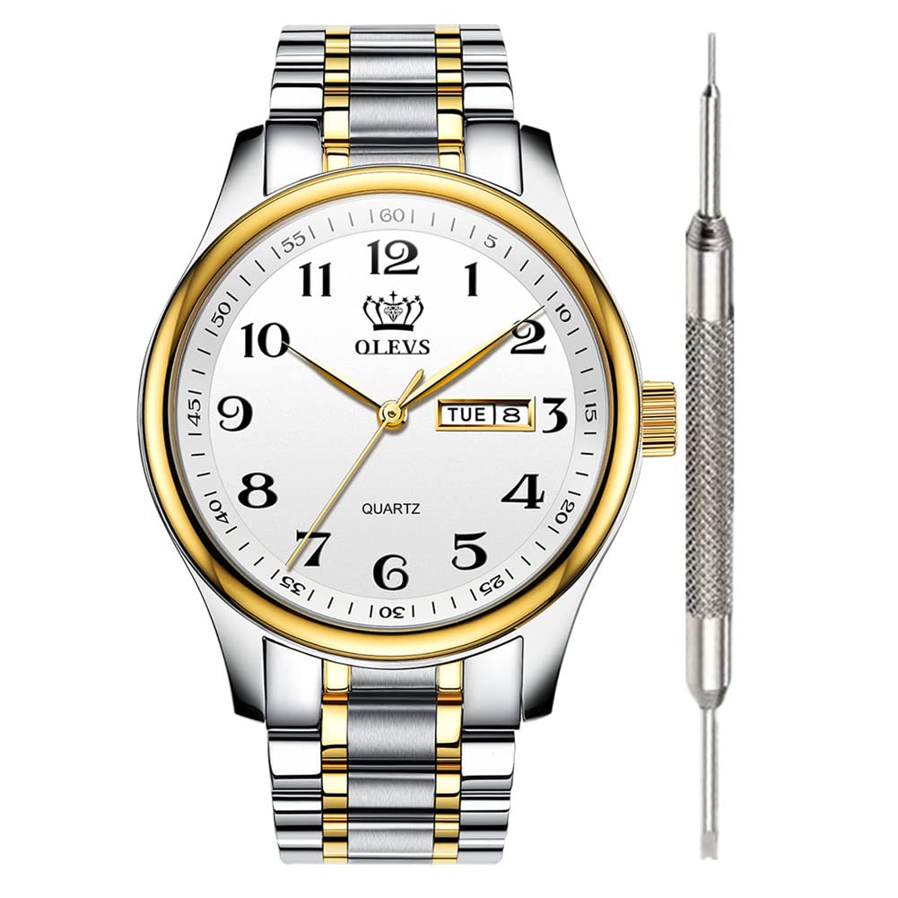 OLEVS Men's Stainless Steel Business Dress Watch - Analog Quartz Wristwatch with Large Face, Day Display, Waterproof & Luminous Features - Perfect for Office, Formal Events & Everyday Wear