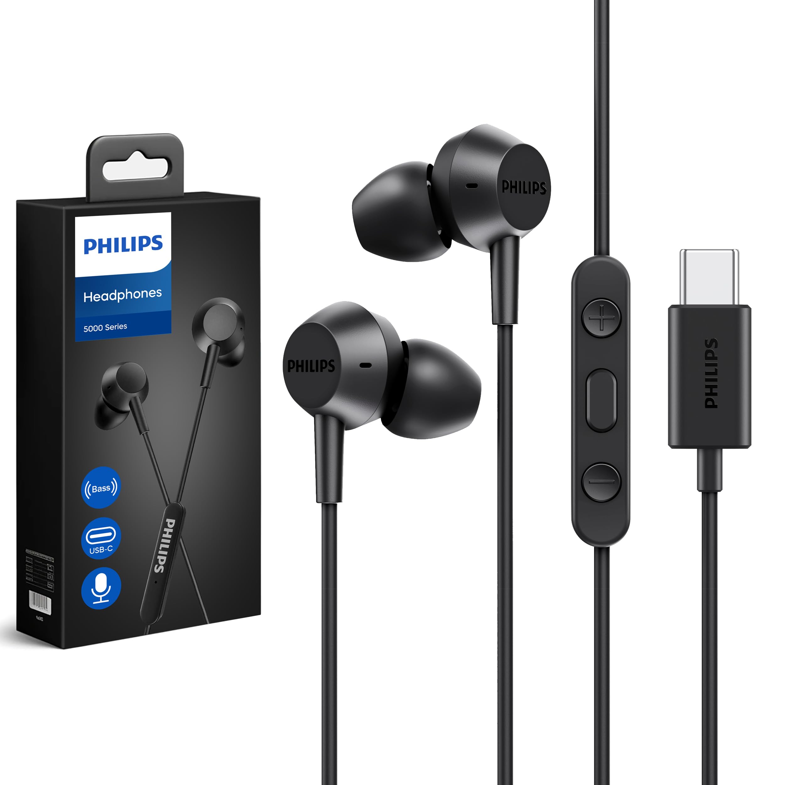PHILIPS USB-C Wired Earbuds with Microphone & In-Line Remote | Powerful Bass, Lightweight In-Ear Headphones for Music, Gaming & Calls | Compatible with Smartphones, Laptops & Tablets