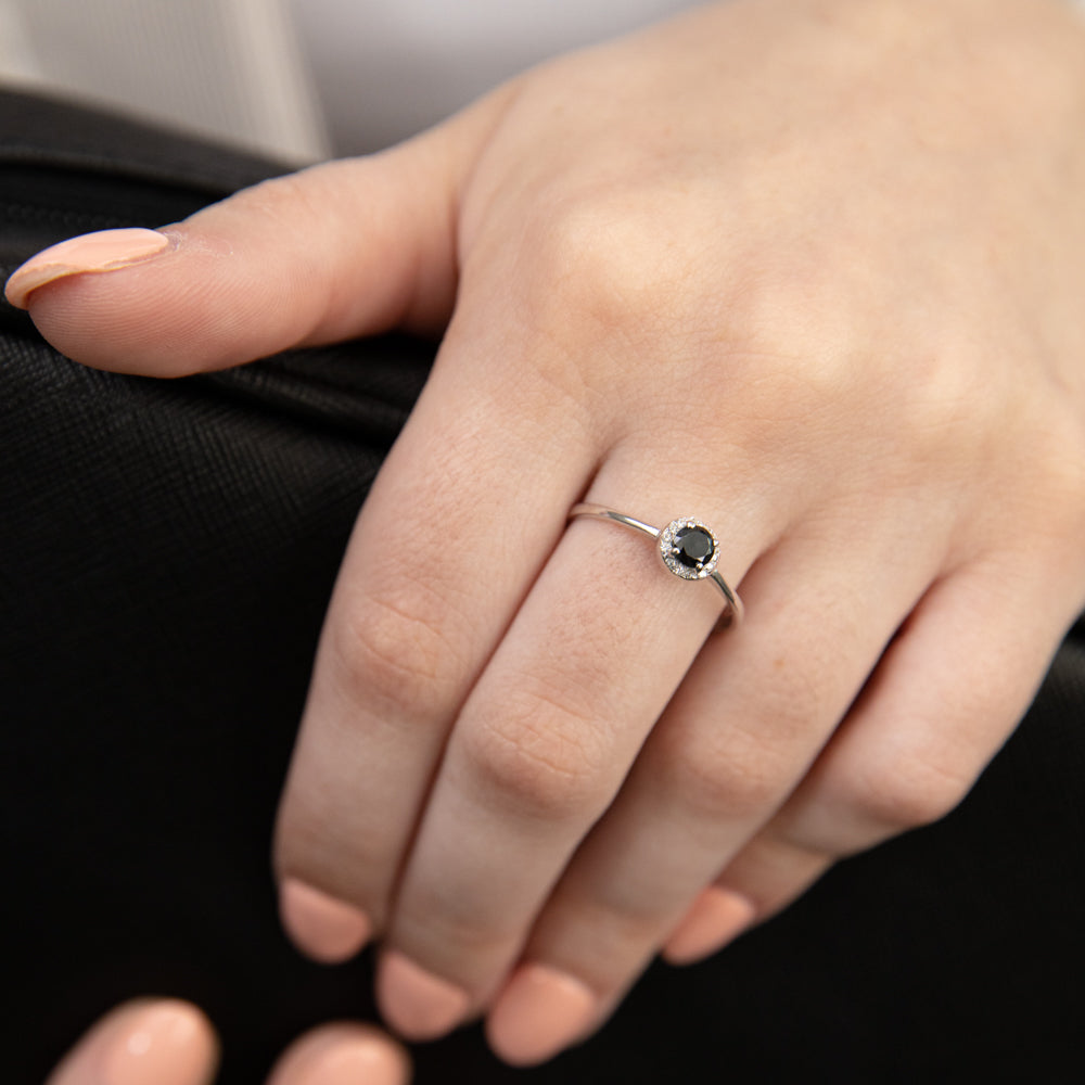 9ct White Gold Black Zirconia Halo Engagement Ring for Women - Elegant Wedding Band, Anniversary Gift & Promise Ring for Her