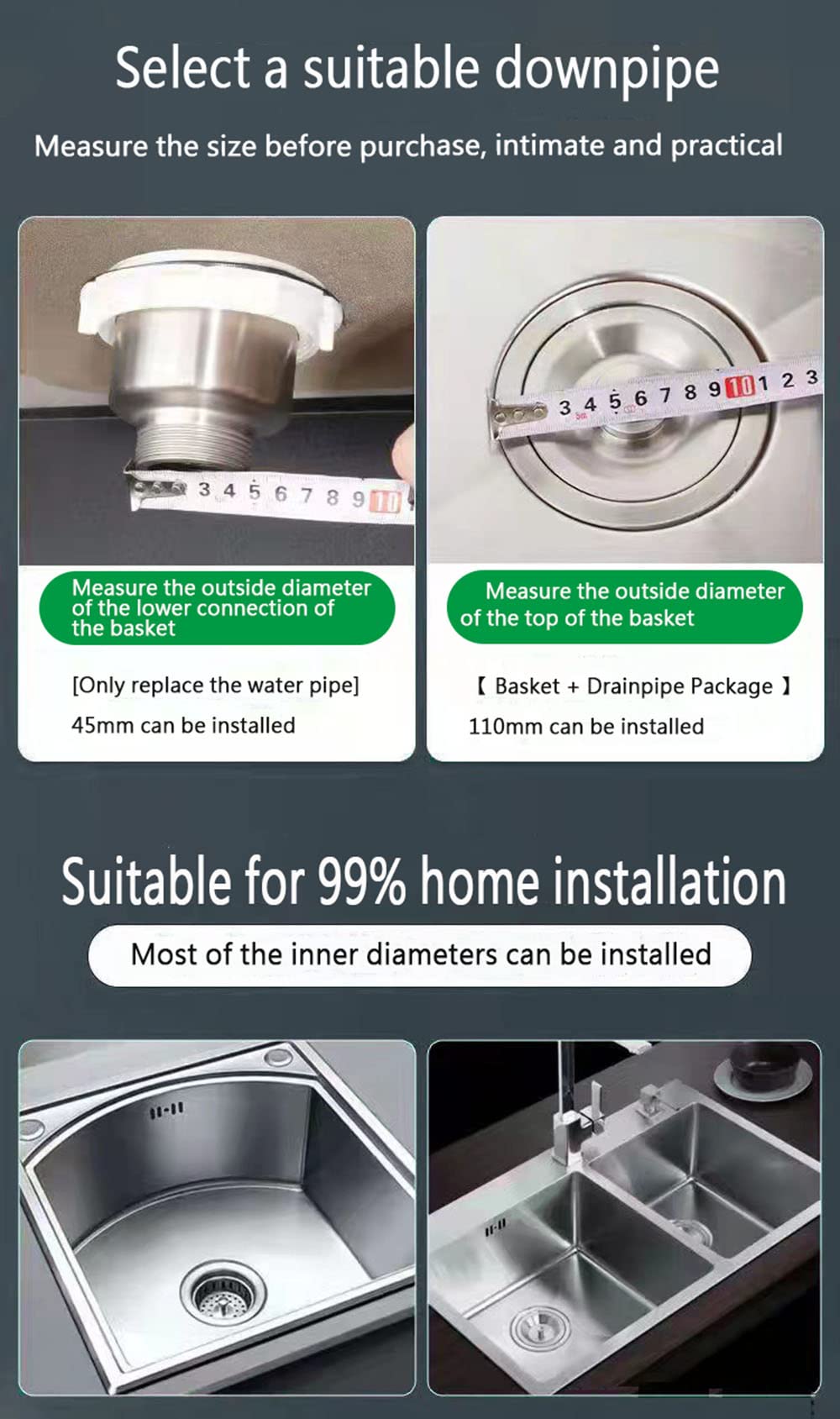 RZGZKLSH Stainless Steel Double Sink Downpipe Fittings - Flexible Trap Tube for Kitchen, Bathroom, Washroom - Durable Sewer Drain Pipe for Efficient Water Flow in Home and Commercial Use