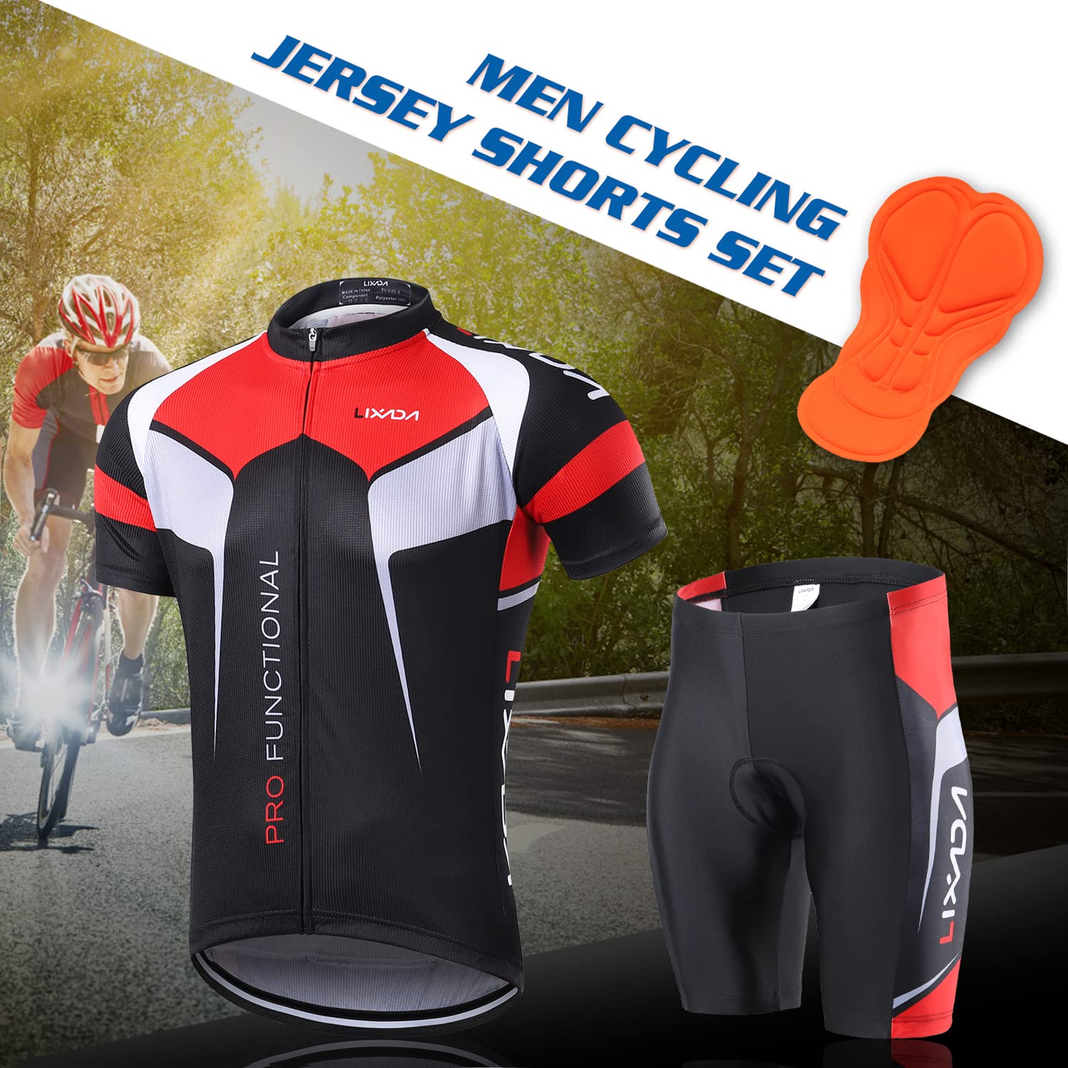 Lixada Men's Cycling Jersey & Padded Shorts Set - Quick-Dry Breathable Bike Shirt & Shorts for Summer Road Biking, Mountain Cycling & Outdoor Sports