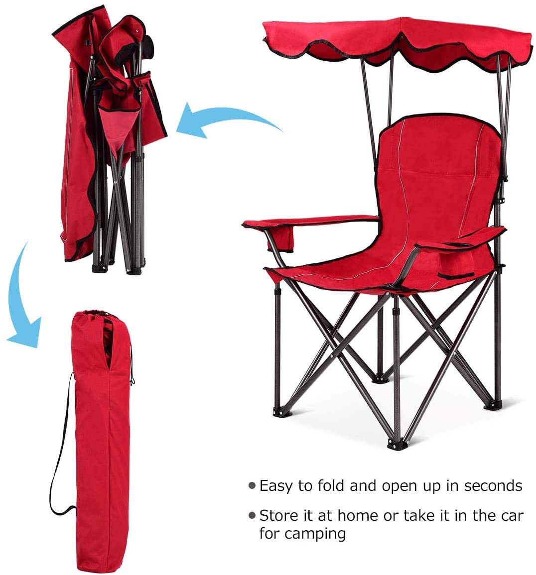 GYMAX Portable Folding Camping Chair with Canopy - Heavy Duty Outdoor Lawn Chair with Carry Bag & Cup Holder - Perfect for Camping, Beach, Picnic, Travel, Soccer Games and Backyard Relaxation