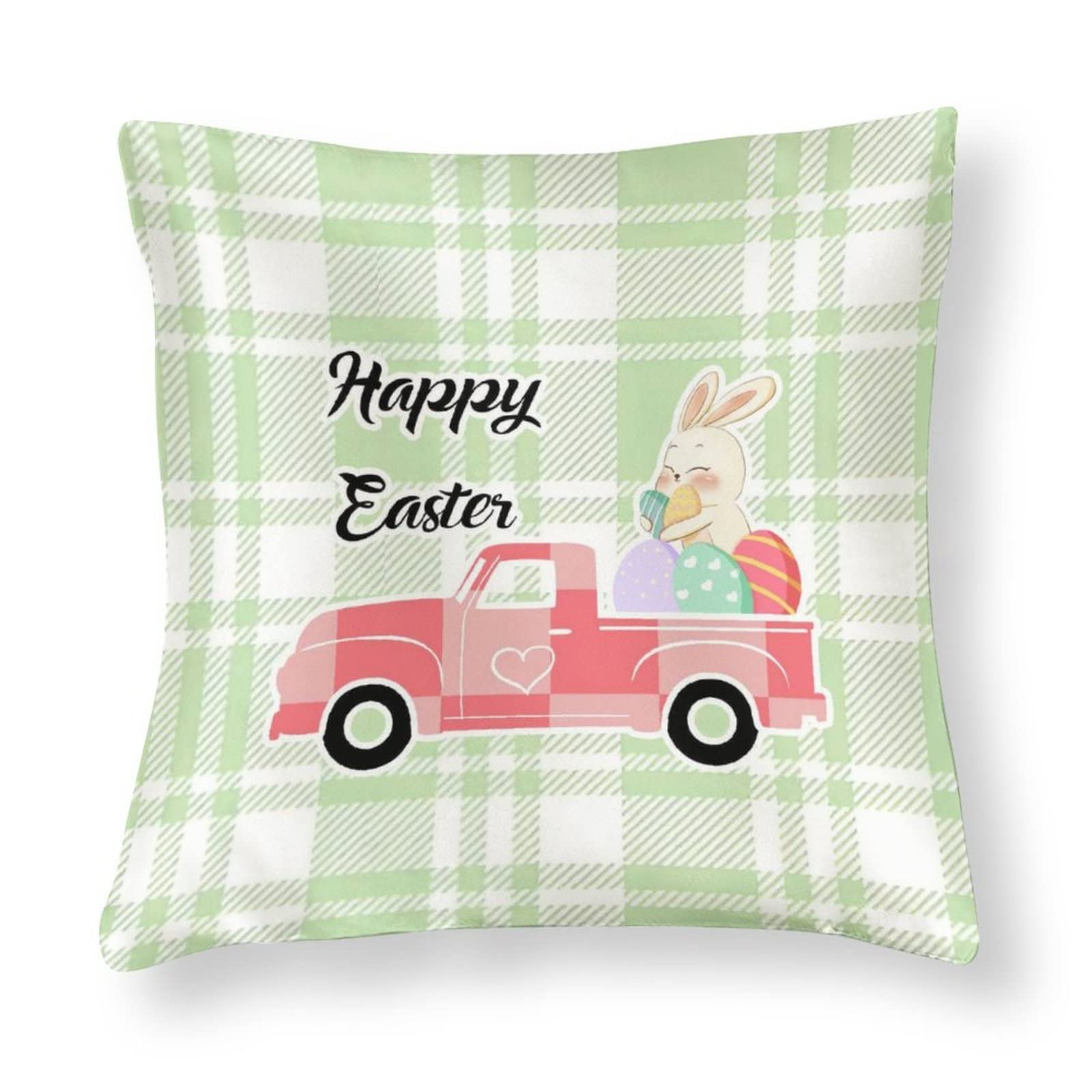 Happy Easter Cartoon Rabbit Bunny Eggs Buffalo Plaid Silk Throw Pillow Covers 26x26 - Decorative Easter Pillow Covers for Living Room, Bedroom, Sofa | Easter Home Decor, Spring Party Decorations, Holiday Gift Idea