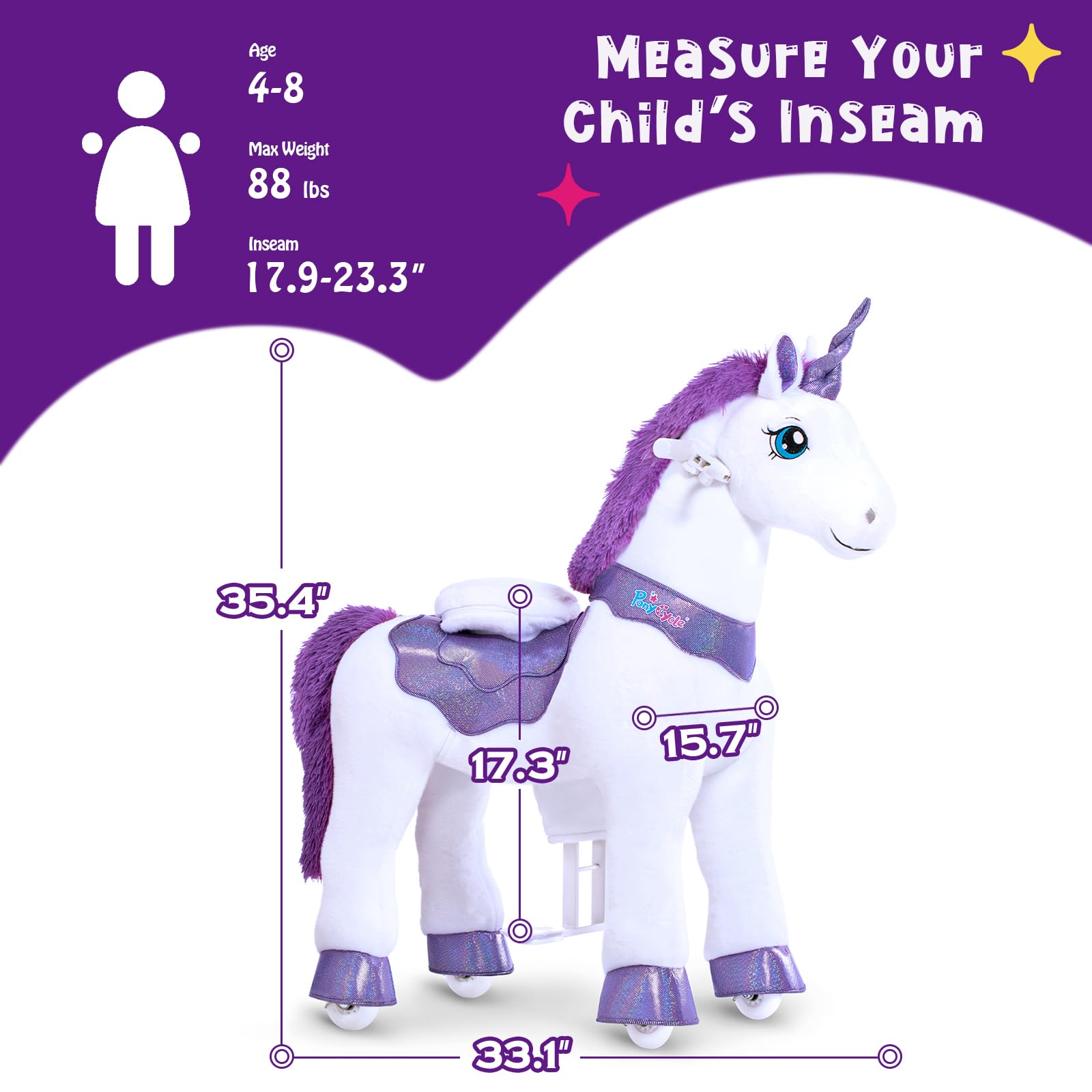 PonyCycle Ride-On Unicorn Toy for Girls Ages 4-8 - 35.4