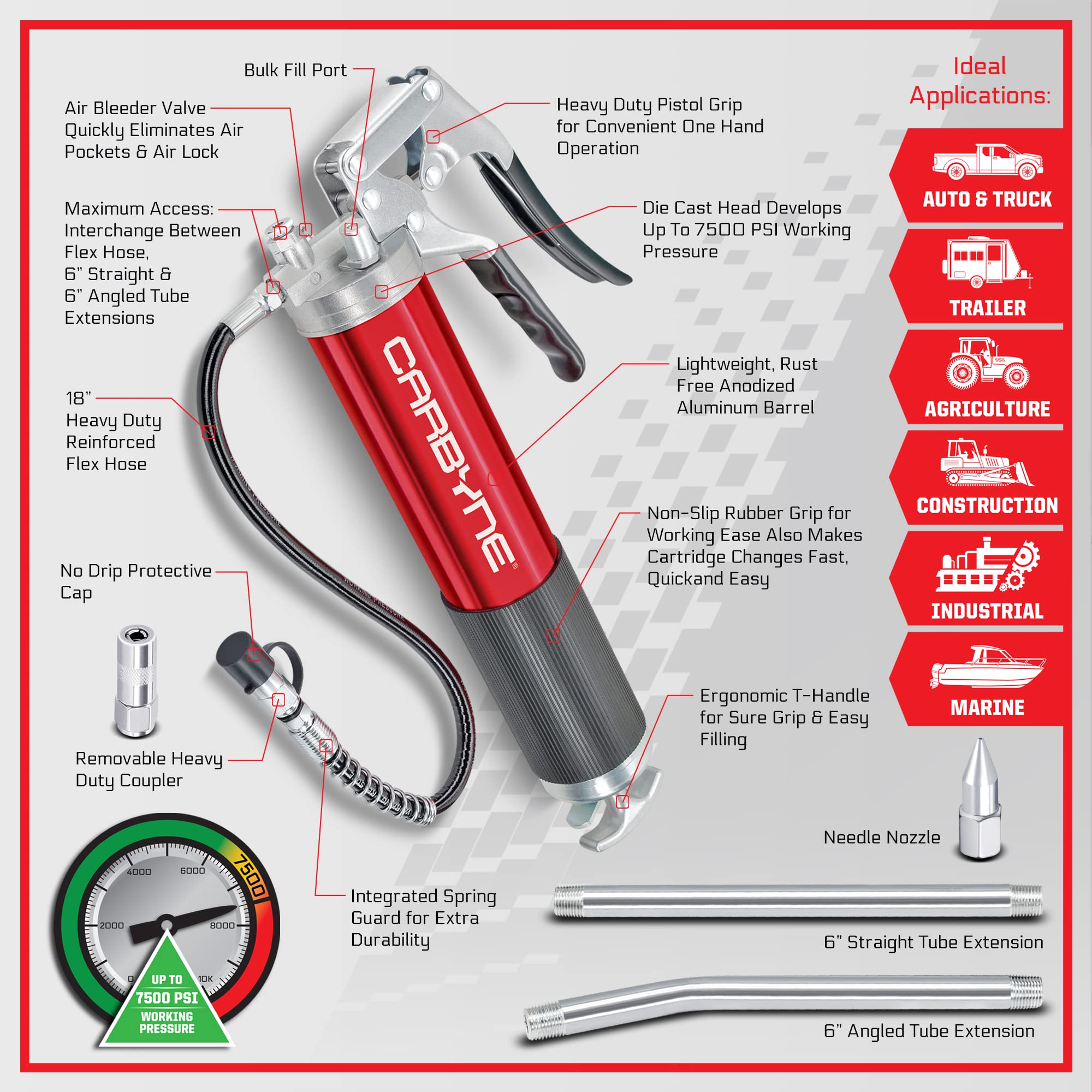 Carbyne Pistol Grip Grease Gun with 12-Piece Accessory Kit | Heavy Duty Lubrication Tool for Automotive, Industrial & Farm Equipment Maintenance