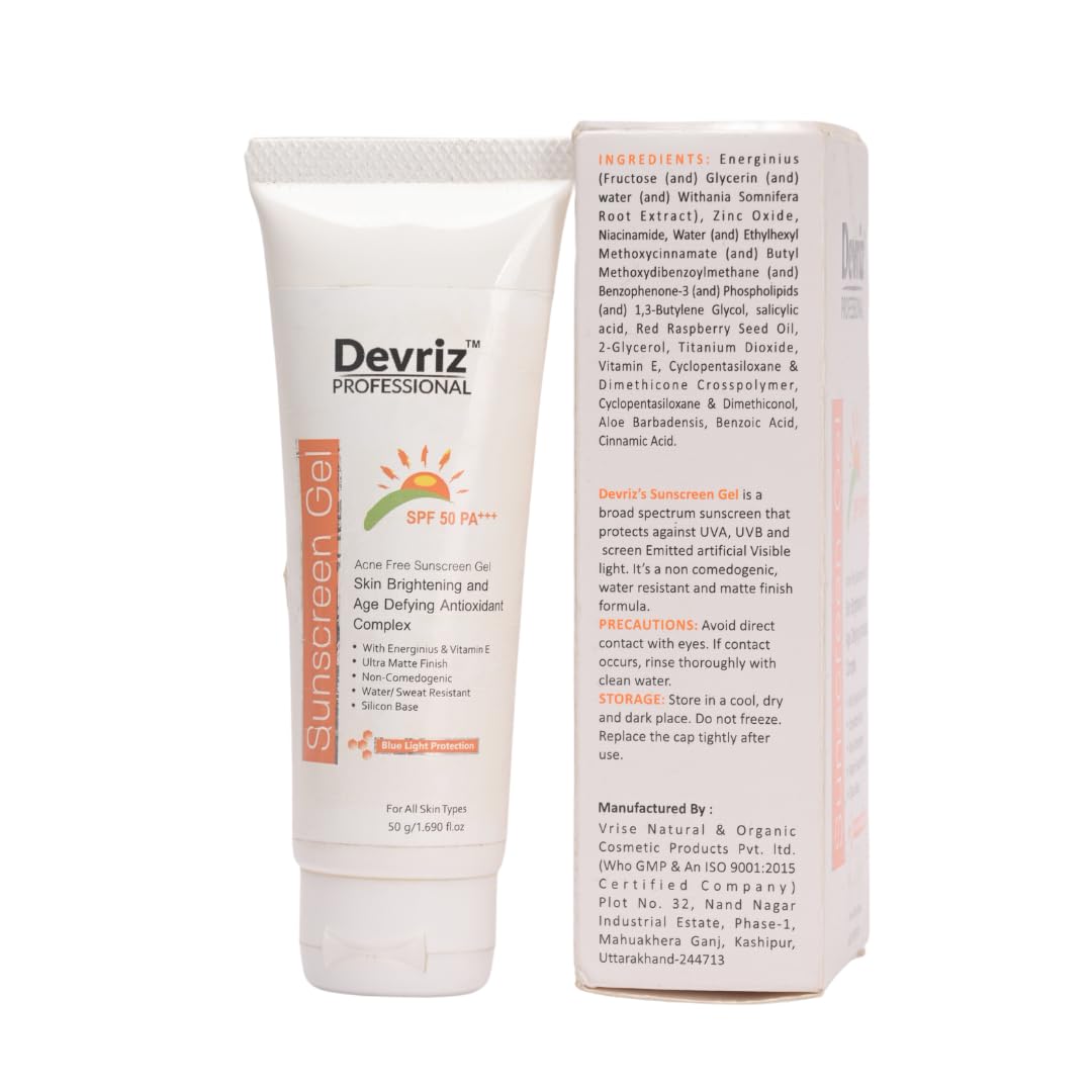 Devriz SPF 50 Sunscreen Gel with Vitamin E - Brightens Skin, Prevents Acne & Provides UVA/UVB Protection for Men & Women | Daily Face & Body Sun Protection for Beach, Outdoor & Sports Activities