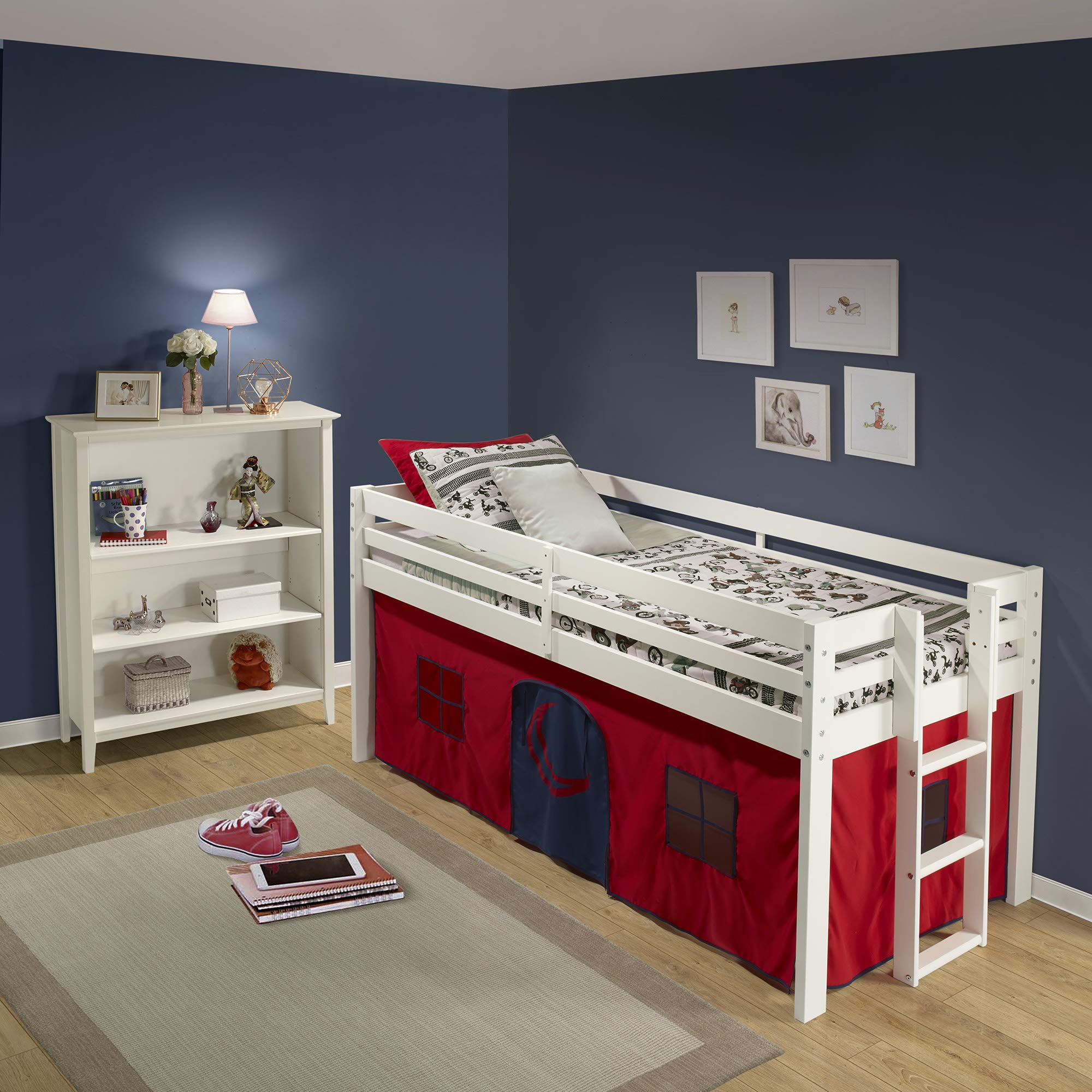 Alaterre Jasper Twin Junior Loft Bed with Playhouse Tent - White Frame & Red/Blue Bottom - Kids Space-Saving Bunk Bed for Small Rooms & Play Areas
