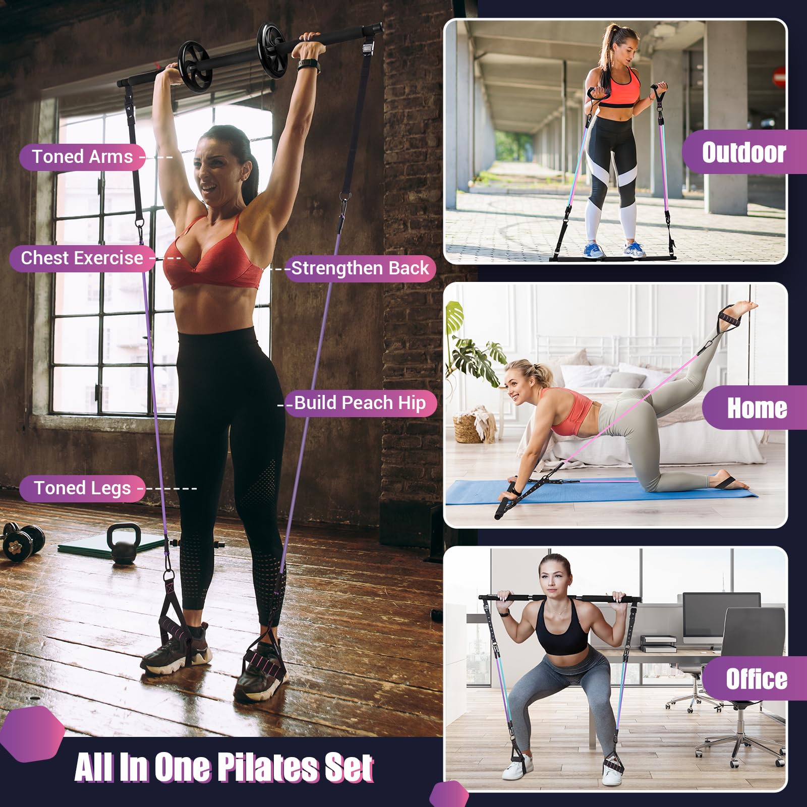 Pilates Bar Kit with Resistance Bands - Multifunctional Exercise Bar with Ab Roller for Pilates, Abs & Weight Loss - Portable Home Gym Equipment for Full Body Workout - Perfect for Women's Fitness & Home Training