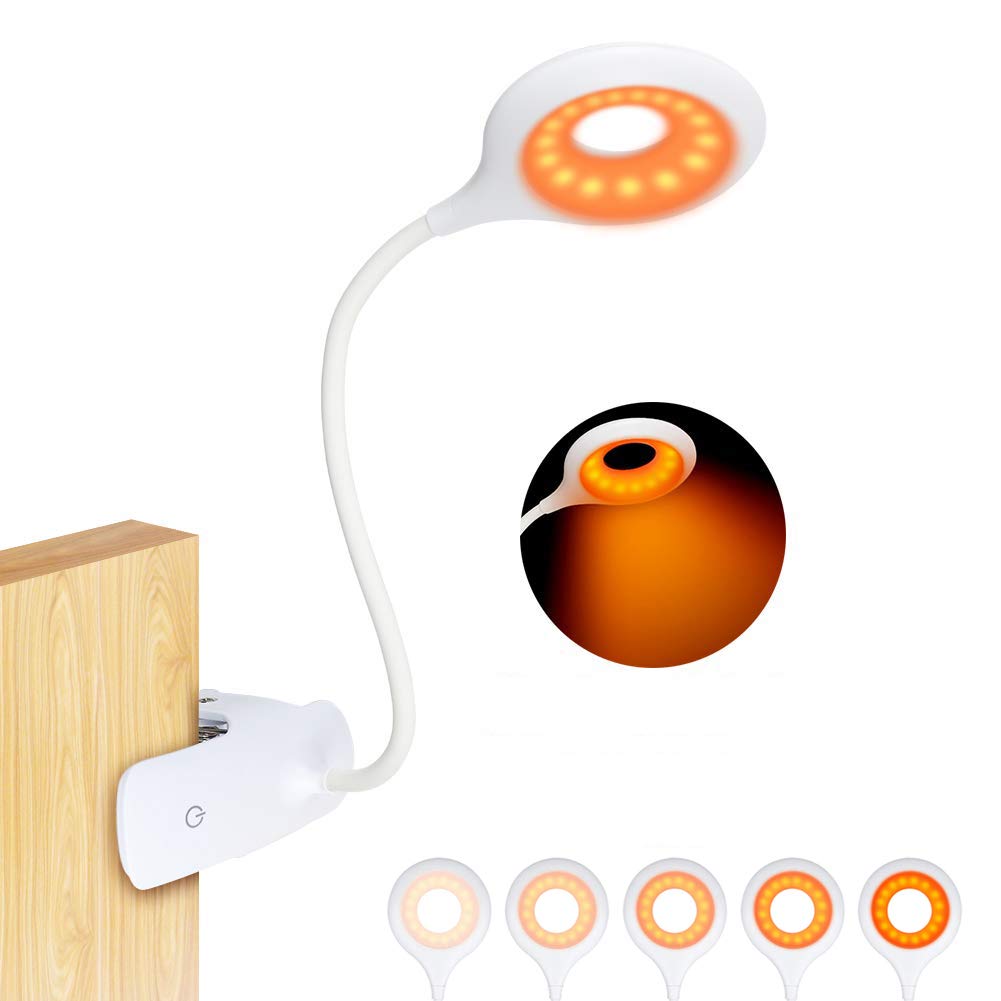 Rechargeable 16 LED Clip On Reading Light - Adjustable Amber Desk Lamp with 5 Brightness Levels & Touch Control | Dimmable Book Light for Bed Headboard, Nightstand & Gentle Night Reading (Perfect for Bedtime Stories, Studying & Cozy Reading)