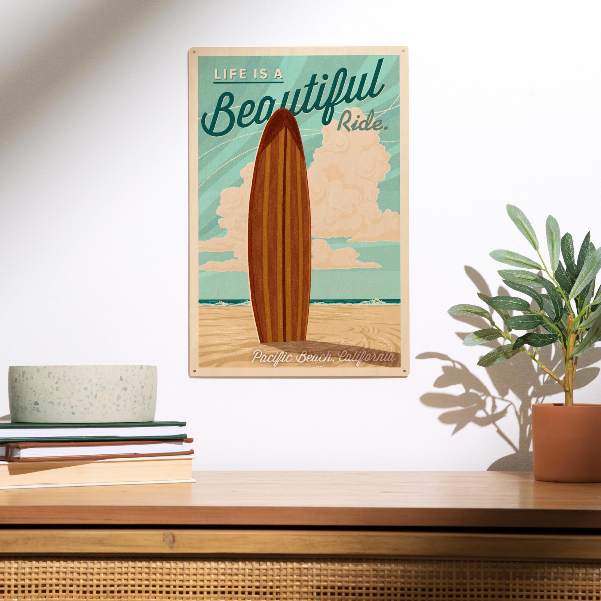 Lantern Press 10x15 Inch Wooden Wall Sign - Ready to Hang Coastal Decor with 'Life is a Beautiful Ride' Surfboard Design - Perfect for Beach House, Living Room, or Office Decor in Pacific Beach California Style