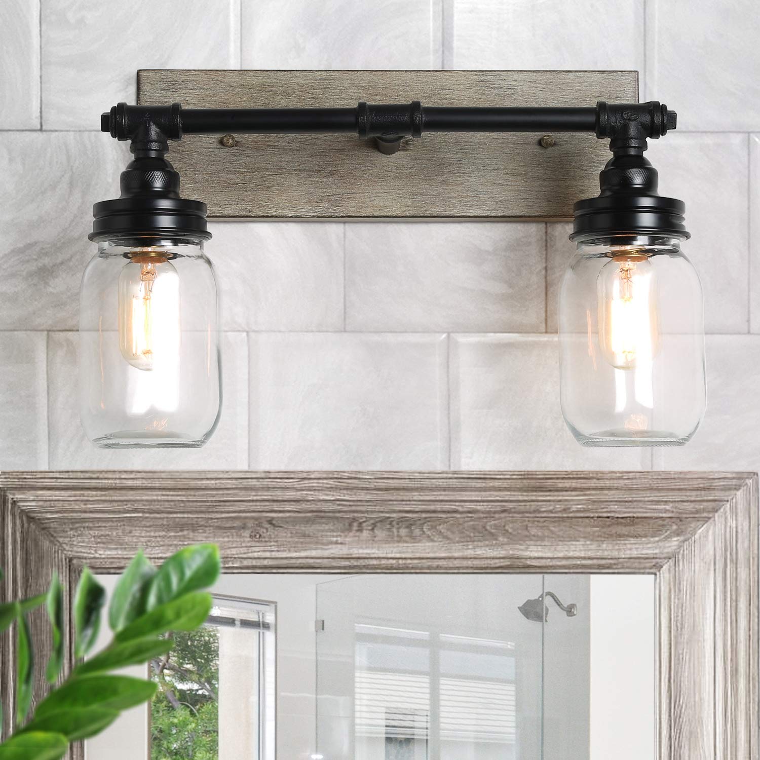 LALUZ Farmhouse Vanity Light Fixture with Mason Jar Shades - 2 Light Faux Wood Bathroom Sconce, Black Finish - Perfect for Rustic Bathroom, Bedroom, or Entryway Lighting