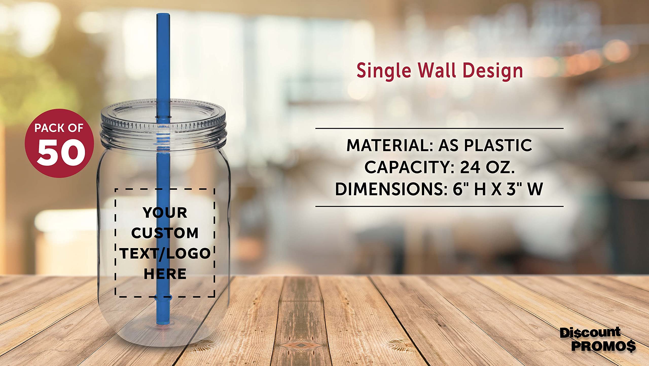 Custom 24 oz Plastic Mason Jars with Straws - Bulk Pack of 50 Personalized Jars for Overnight Oats, Candies, Pickles & Beverages | Perfect for Meal Prep, Party Favors & DIY Storage - Blue