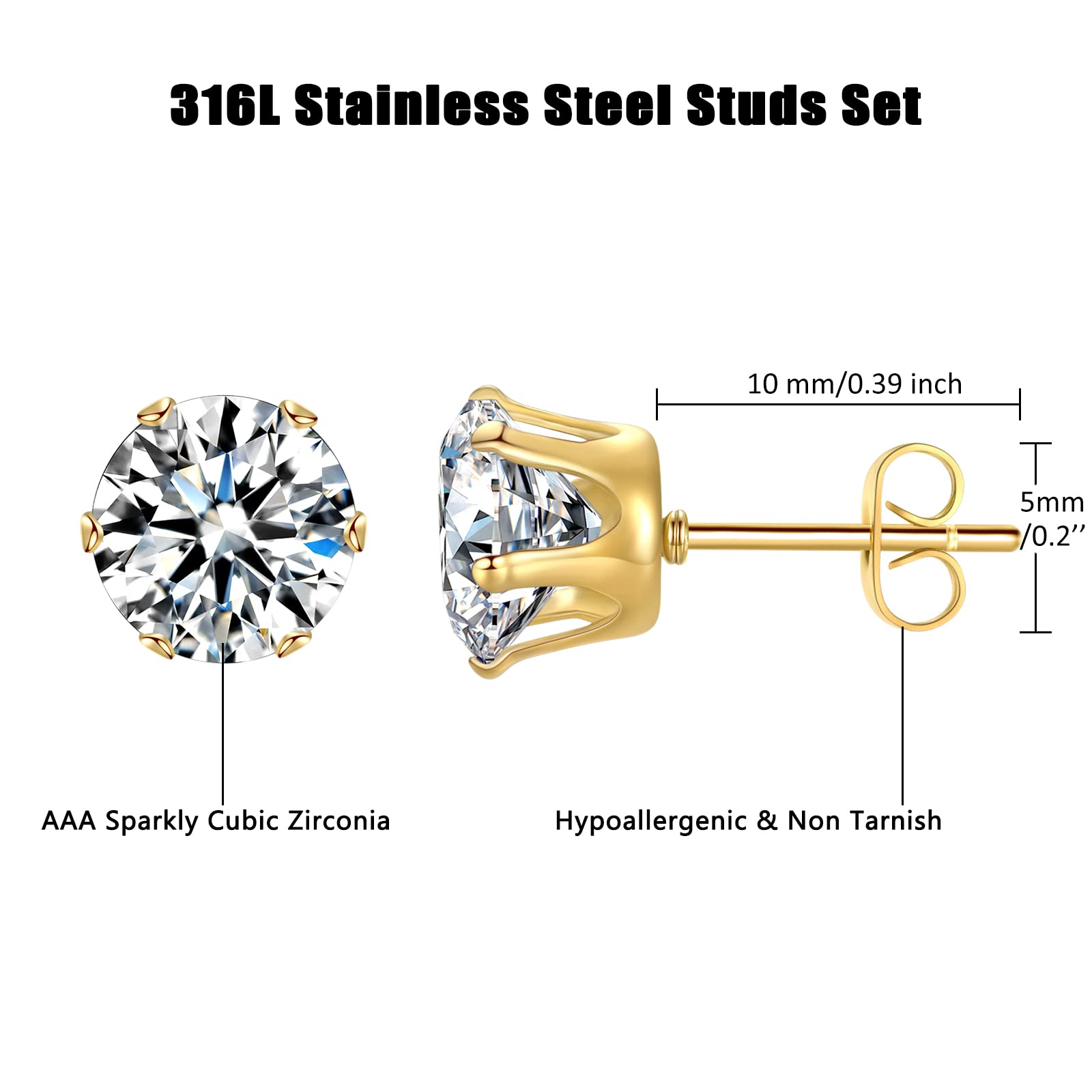 12 Pairs Stainless Steel Cubic Zirconia Stud Earrings for Women & Men - Hypoallergenic Tiny Silver Studs Multipack - Perfect for Everyday Wear, Gifts & Special Occasions