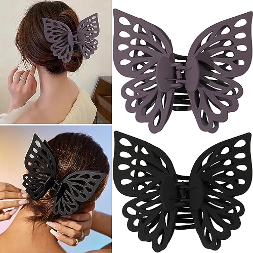 5.51 Inch Large Butterfly Hair Clips for Women - 2PCS Non-Slip Matte Hair Claw Clips for Thick & Thin Hair - Perfect for Curly Hair, Ponytails & Updos (Deep Purple & Black) - Great for Work, Parties & Everyday Styling