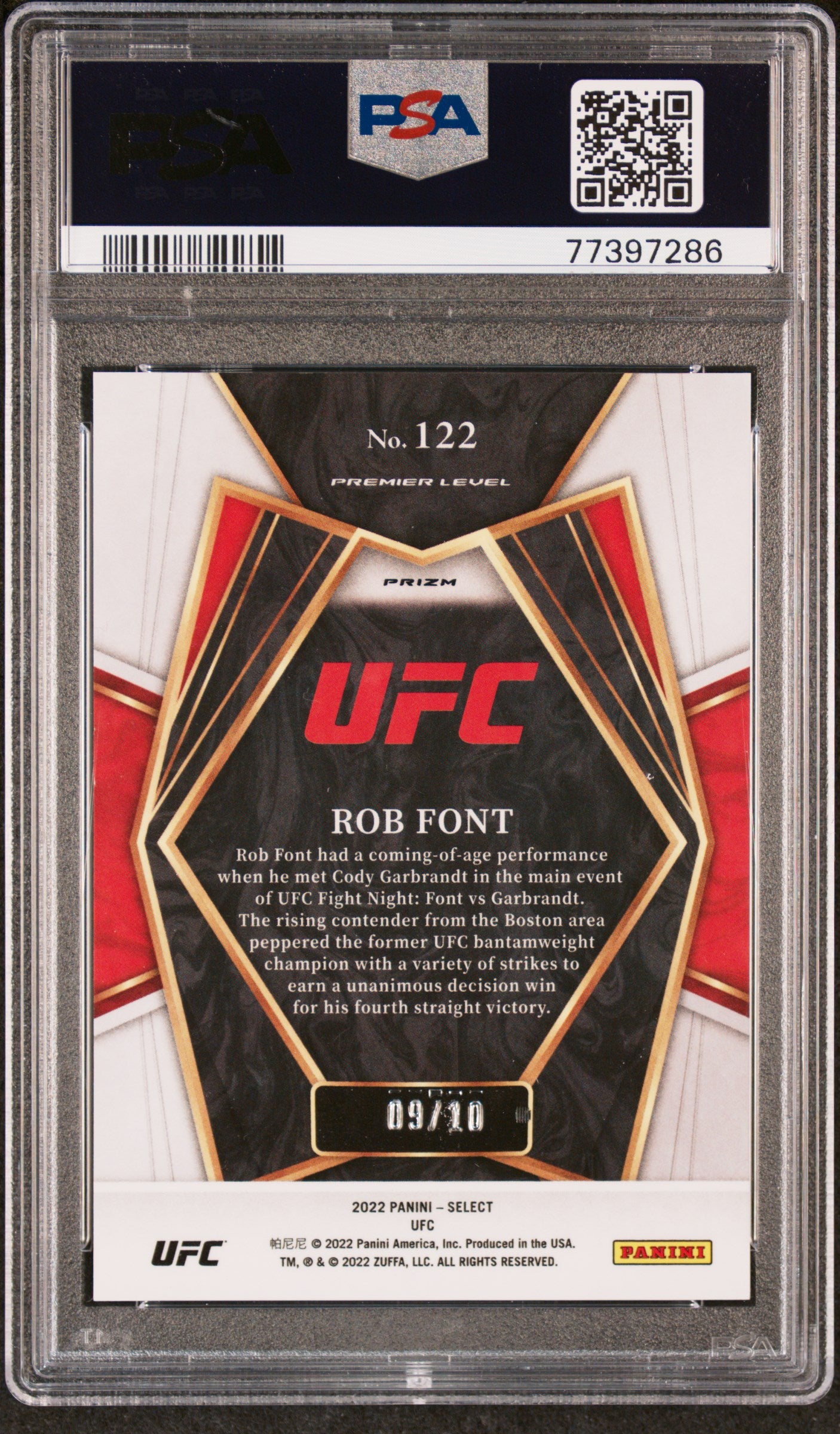 2022 Panini Select UFC Rob Font Gold Disco Prizm #122 PSA 9 Graded Trading Card - Collectible Sports Memorabilia for UFC Fans and Card Collectors (Perfect for Display, Investment, or Gifting)