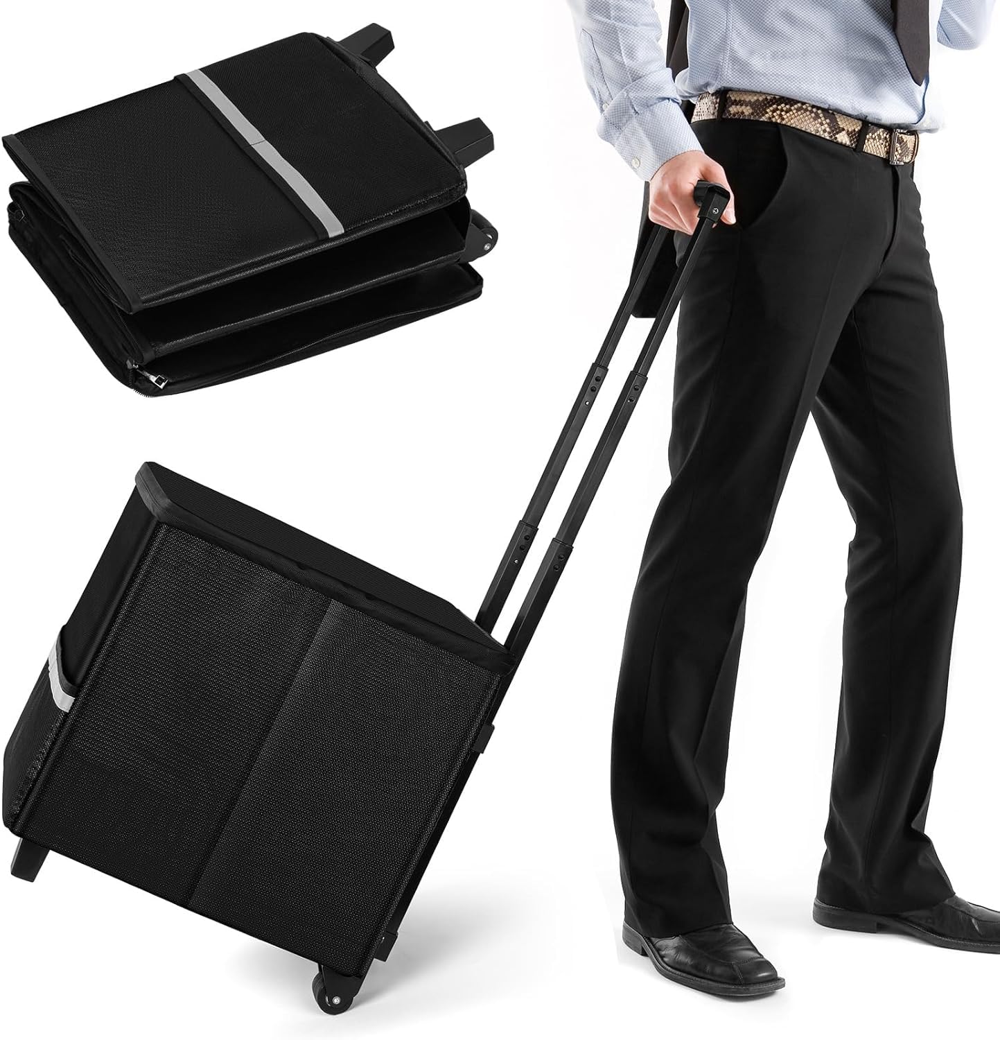 Fireproof Rolling File Box with Wheels & Lock - Portable Collapsible File Storage Cart with Telescopic Handle - Black - Ideal for Office, Home & School Document Organization