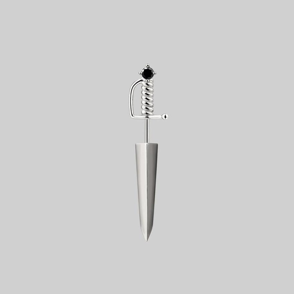 Black Spinel Short Dagger Single Earring in Sterling Silver - Gothic Punk Jewelry for Women, Perfect for Parties, Concerts & Alternative Fashion