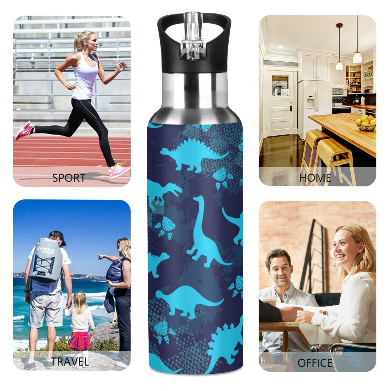 Qilmy 20 oz Stainless Steel Vacuum Insulated Water Bottle with Straw Lid - Dinosaur Design for Kids | Leakproof Thermos for School, Sports & Outdoor Activities