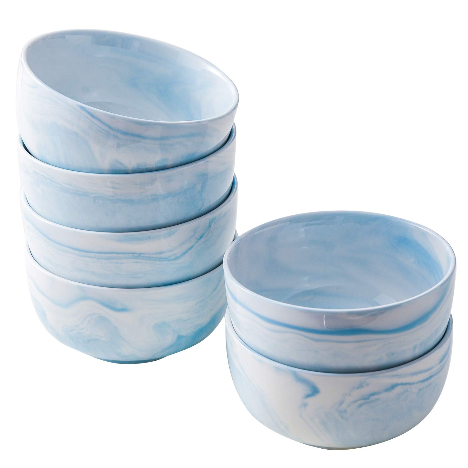 Yundu 14oz Blue Marble Porcelain Bowls Set of 6 - Microwave & Dishwasher Safe Ice Cream, Dessert, Cereal Bowls for Home, Restaurant & Party Serving