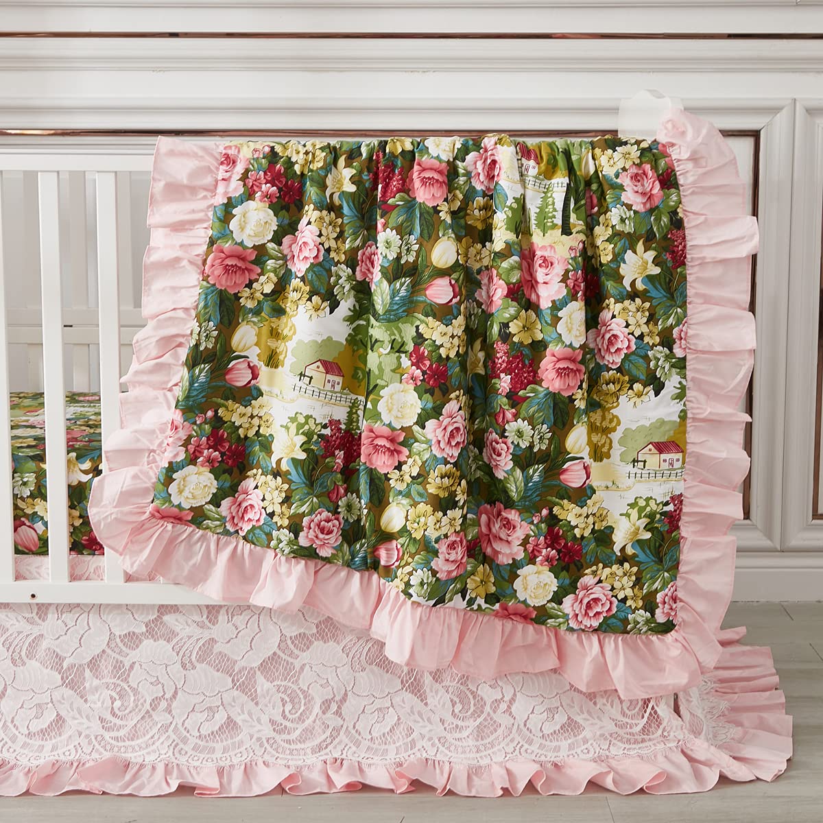 Brandream Floral Crib Bedding Set for Girls - 6 Piece Organic Cotton Nursery Set with Vintage Rose Flowers in Pink & Green | Perfect for Baby Shower Gifts & Nursery Decor