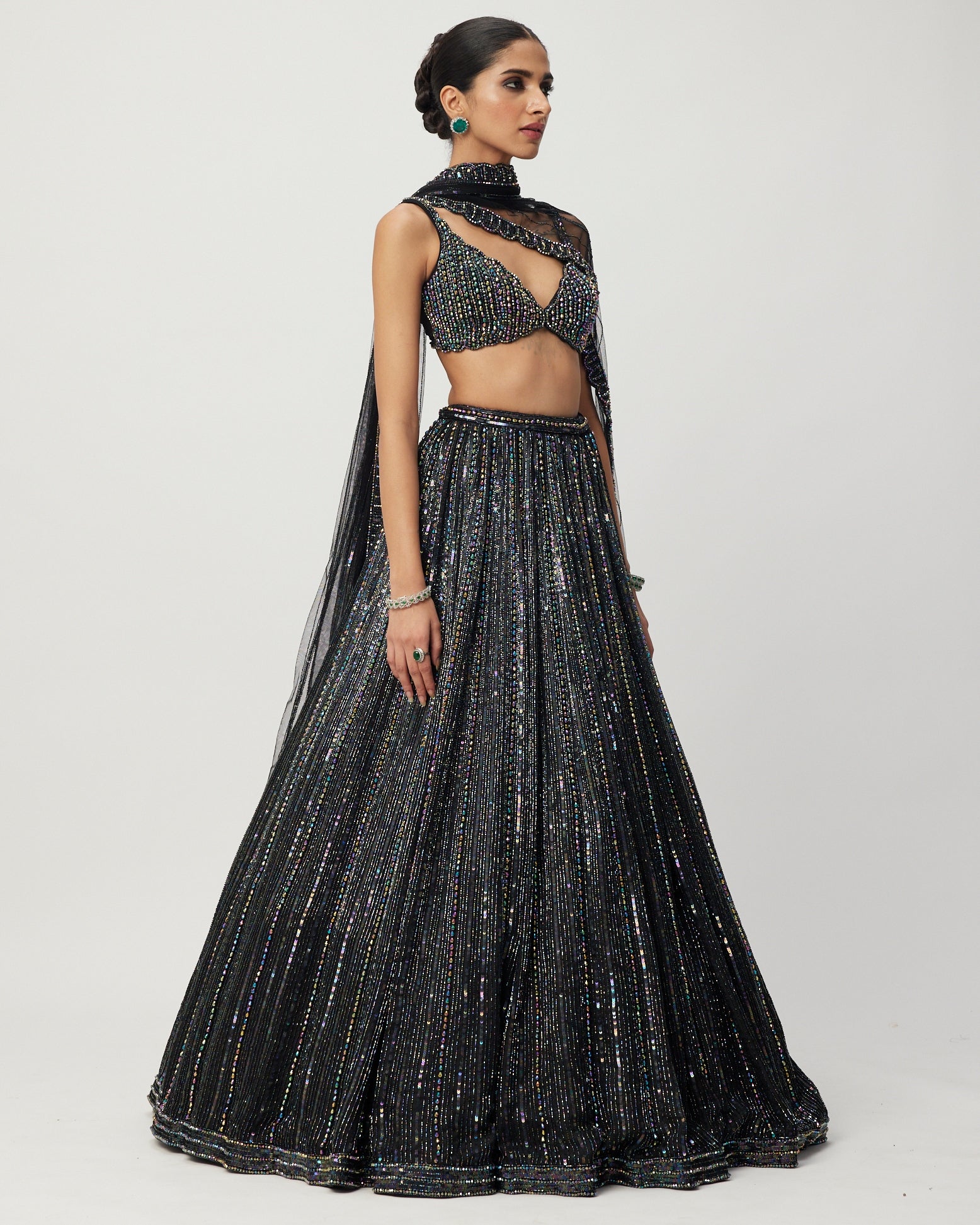 Exquisite Black Crystal Linear Embroidered Lehenga Set for Women | Indian Bridal Party Wear | Wedding Reception & Festive Occasion Outfit