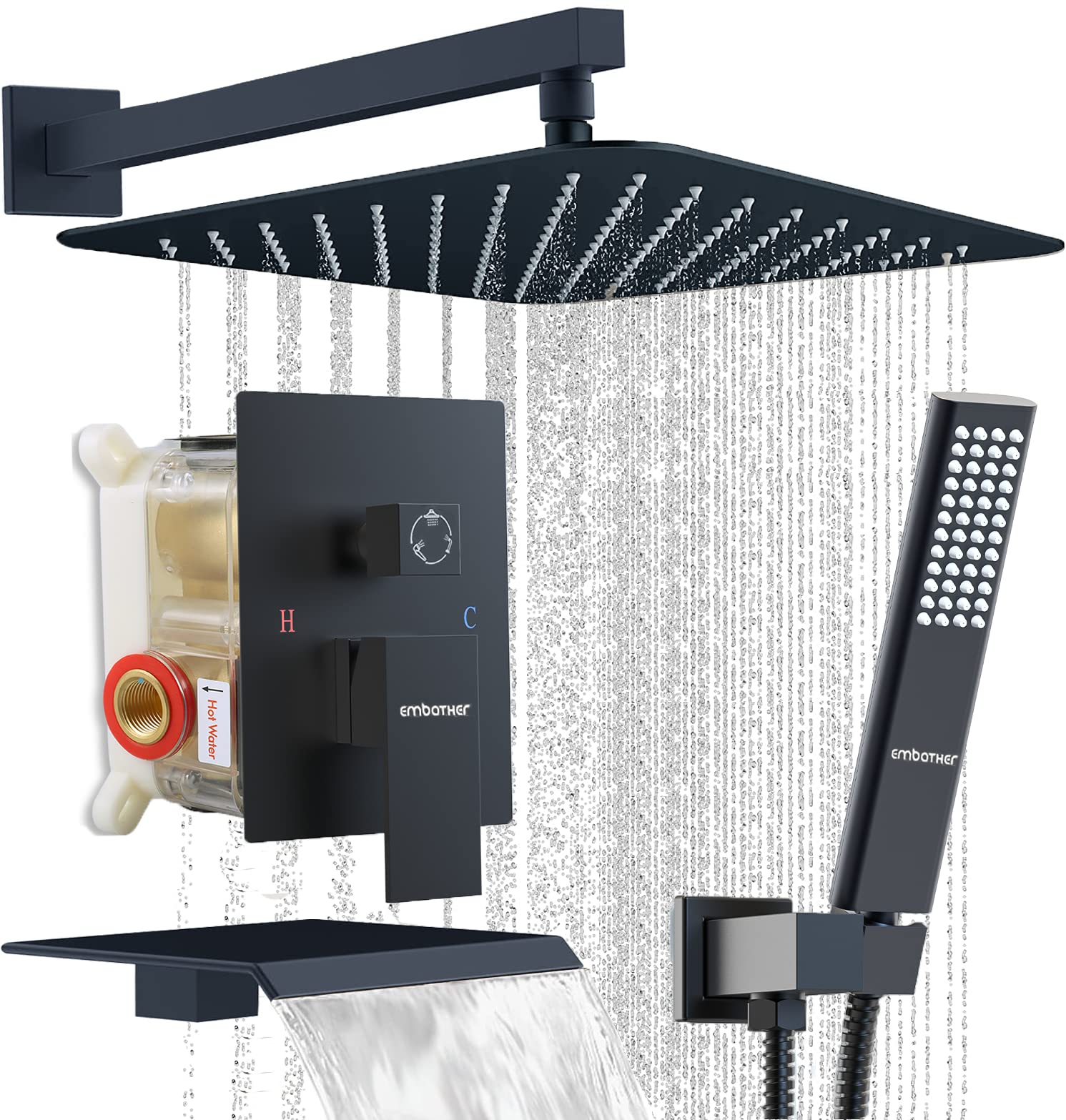 EMBATHER 12 Inch Matte Black Shower System with Tub Spout - Wall Mounted Rainfall Shower Head & Handheld Sprayer, Complete Shower Valve & Trim Kit for Bathroom Renovation | Perfect for Master Bath, Guest Bath & Spa-Like Shower Experience