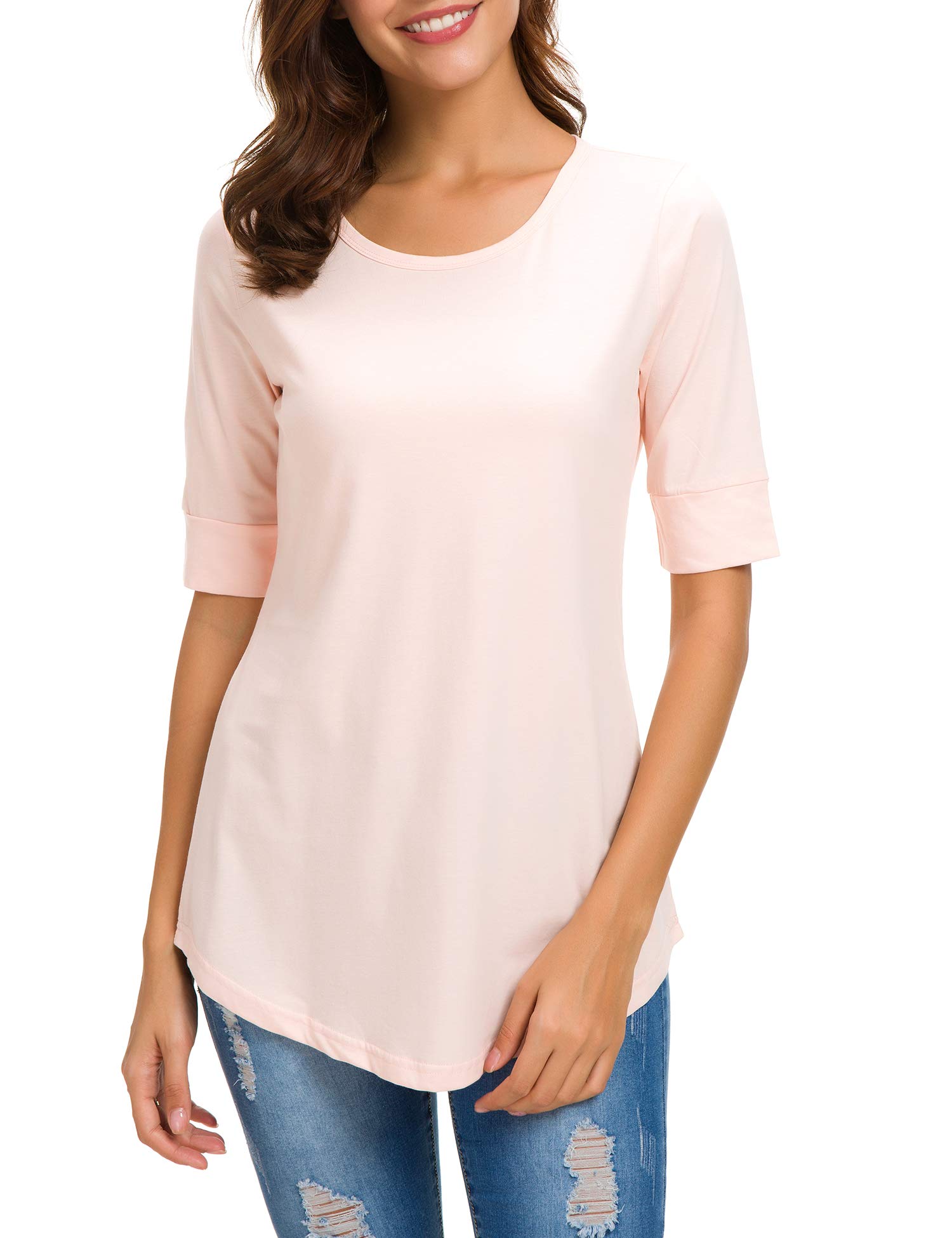 Women's Elbow-Length Sleeve Tops - Summer Fashion Cotton Blouses & Casual Tunic Tee Shirts for Work, Travel & Everyday Wear