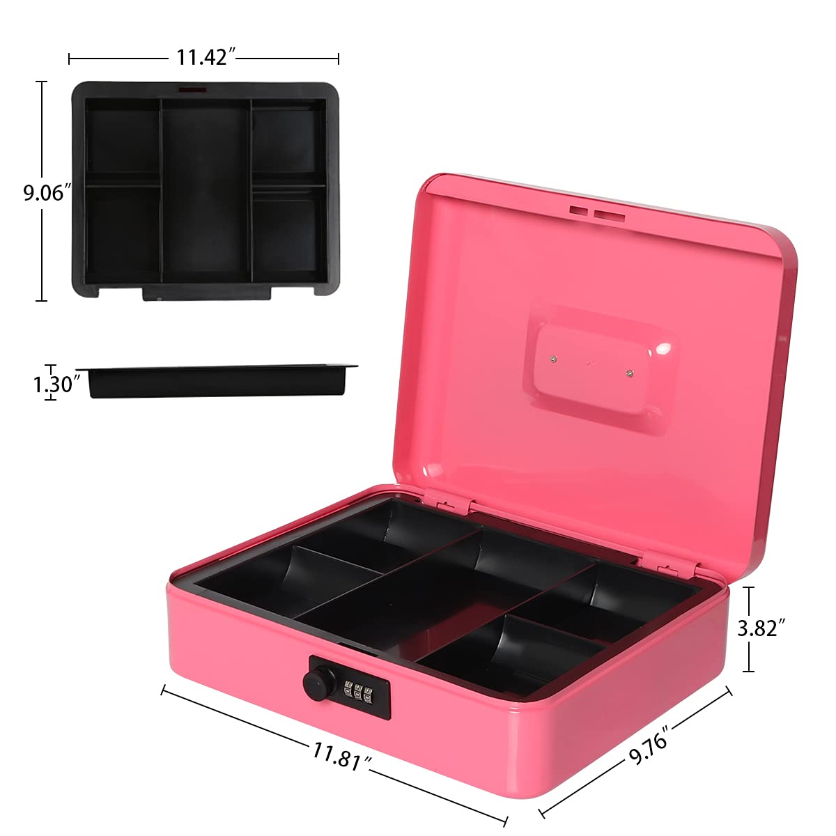 Large Cash Box with Money Tray & Combination Lock - 11.8