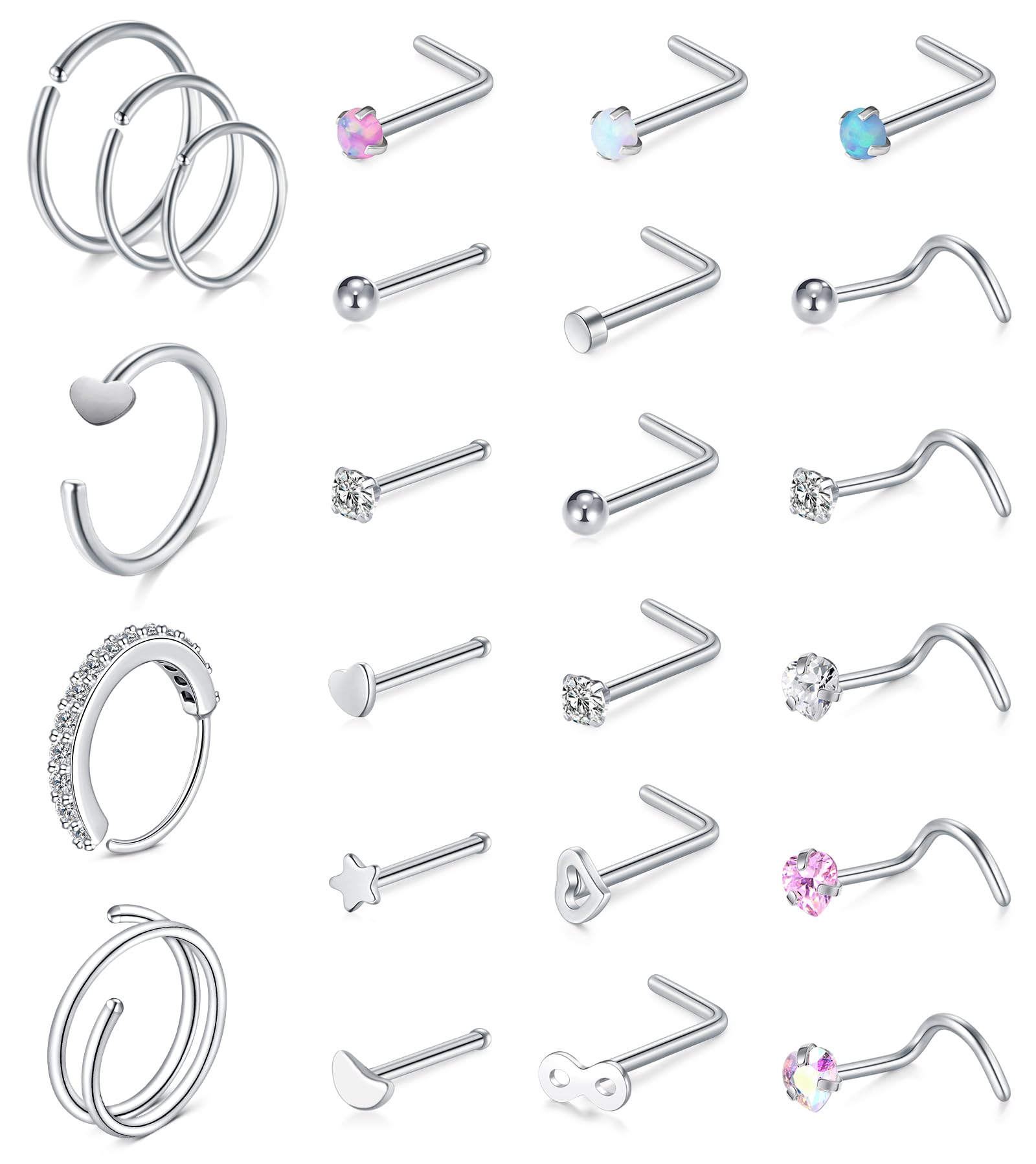 24PCS Stainless Steel Nose Rings - L Shape & CZ Butterfly Hoops for Women & Men | Piercing Jewelry